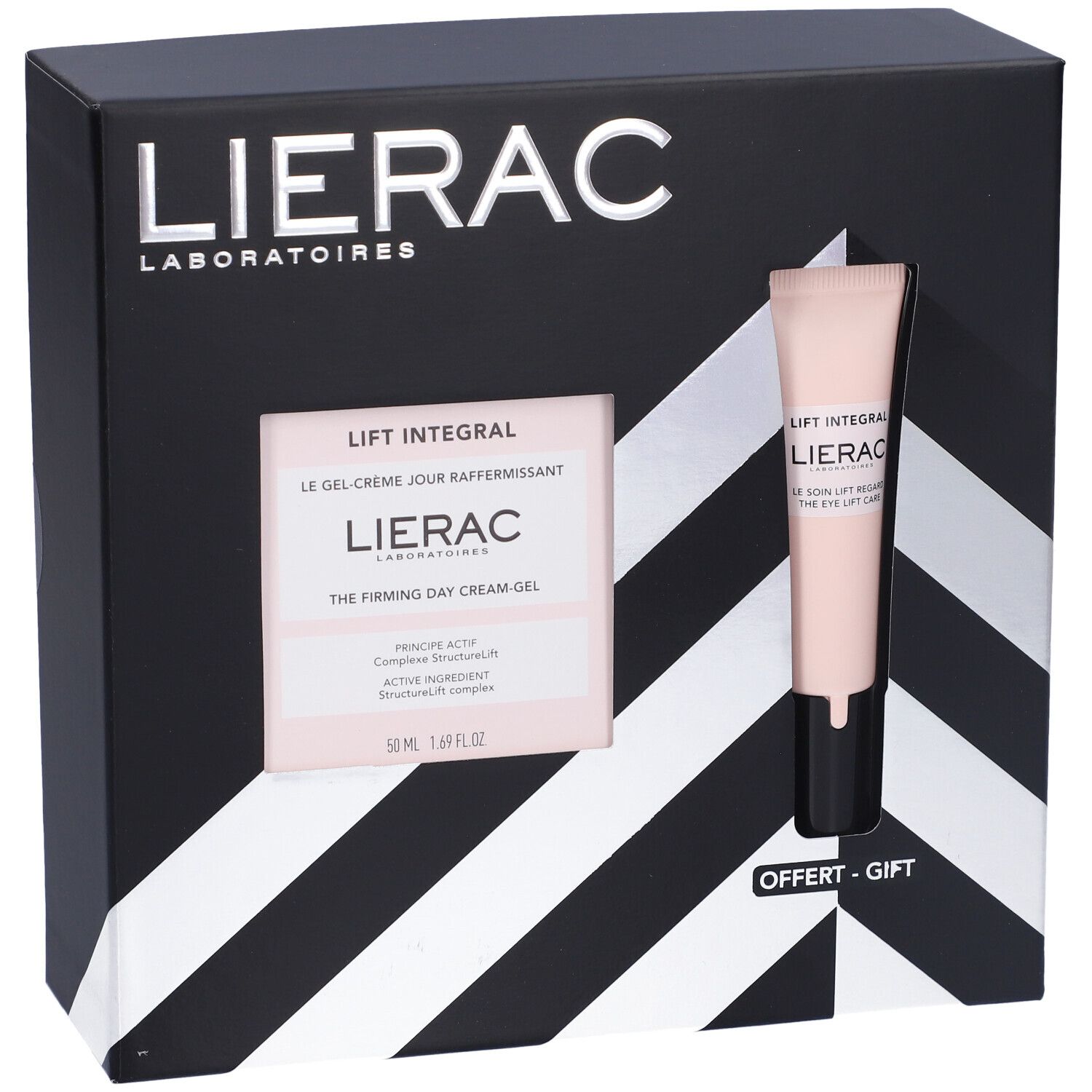 Confezione regalo nera e bianca con due prodotti. Contiene un tubo e una scatola quadrata. Marchio Lierac visibile.