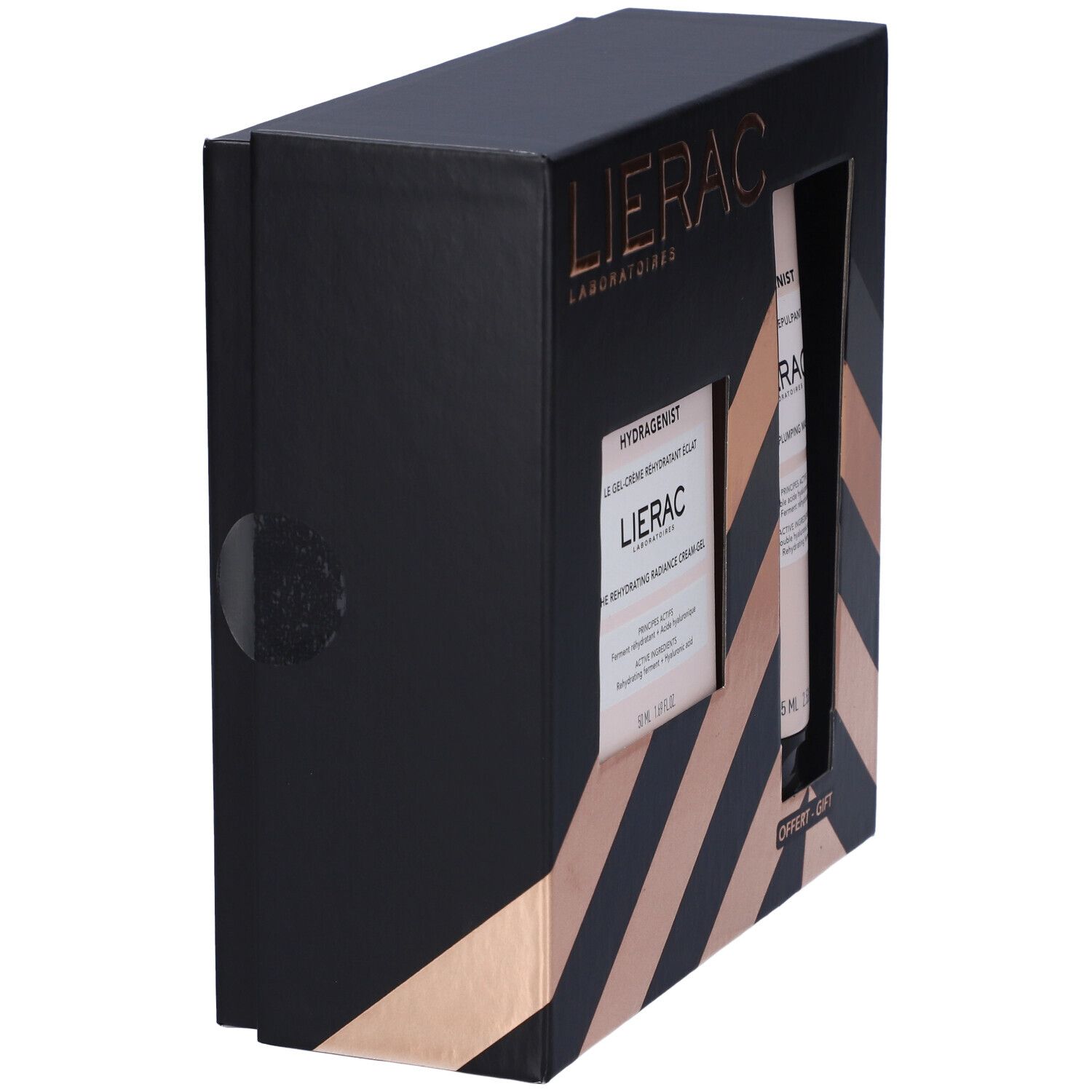 Scatola regalo nera e oro. Marchio Lierac. Contiene crema e maschera. Vista laterale.