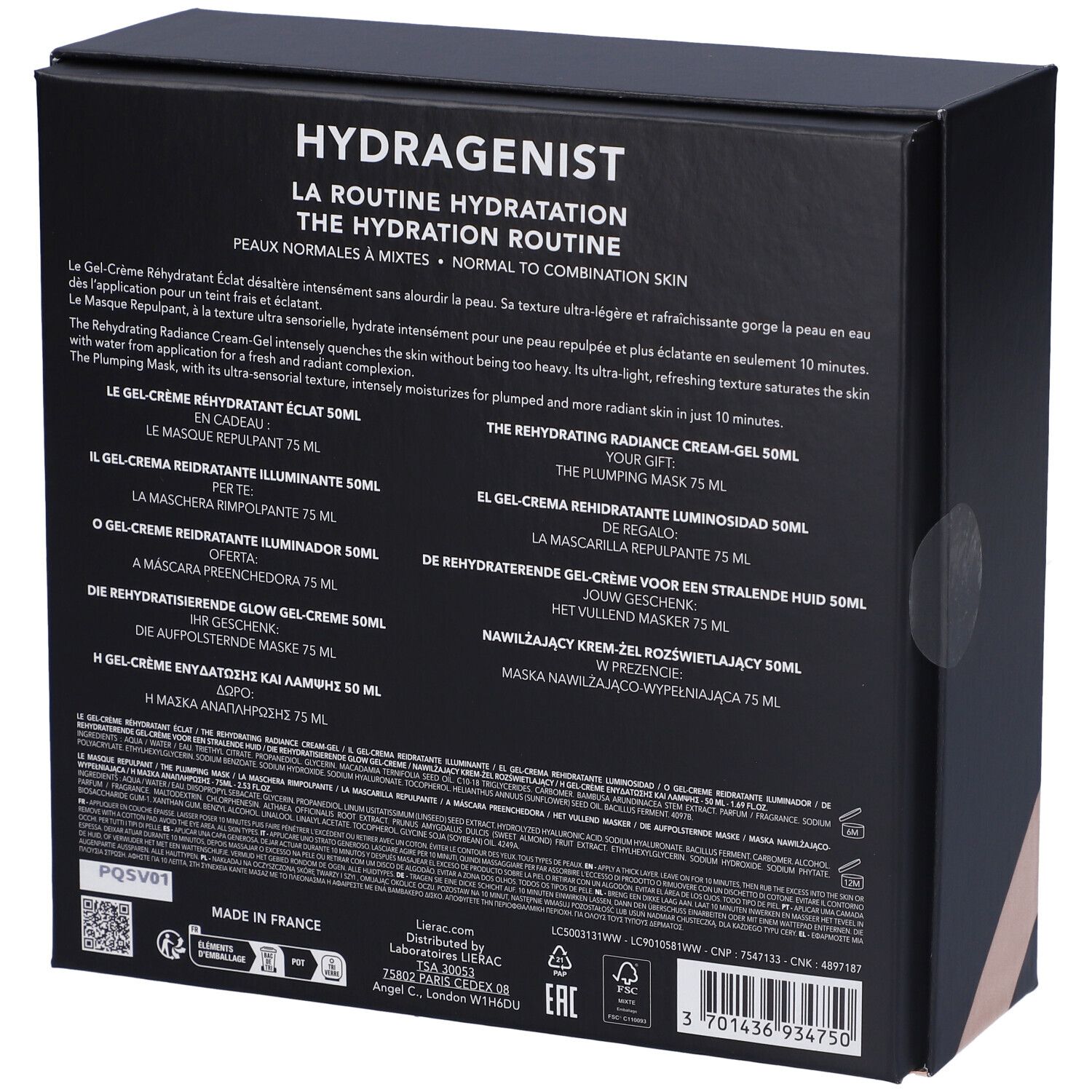 Retro della confezione regalo. Testo multilingue. Marchio Lierac. Informazioni sui prodotti.