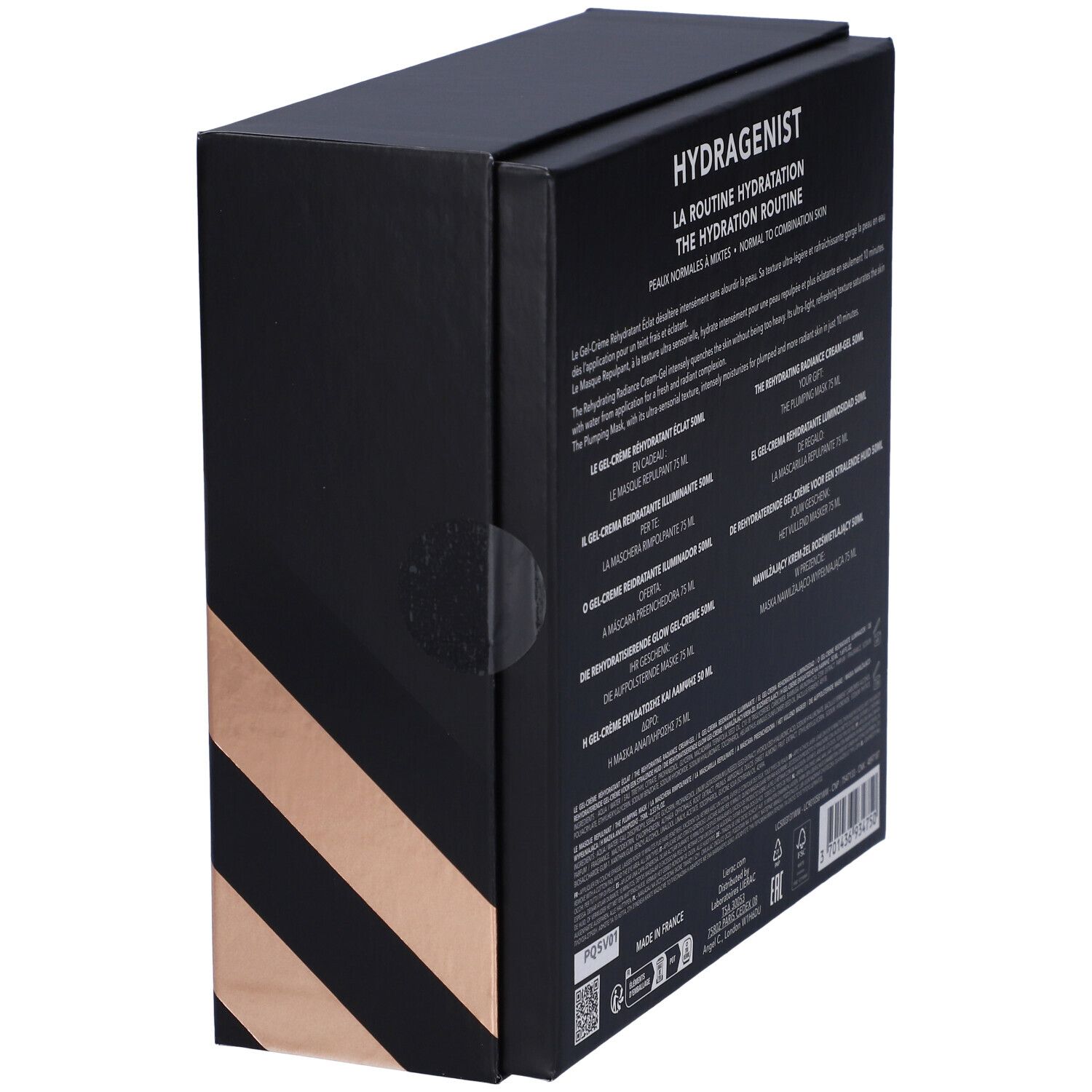 Vista laterale della confezione regalo. Testo e marchio Lierac. Confezione nera e oro.