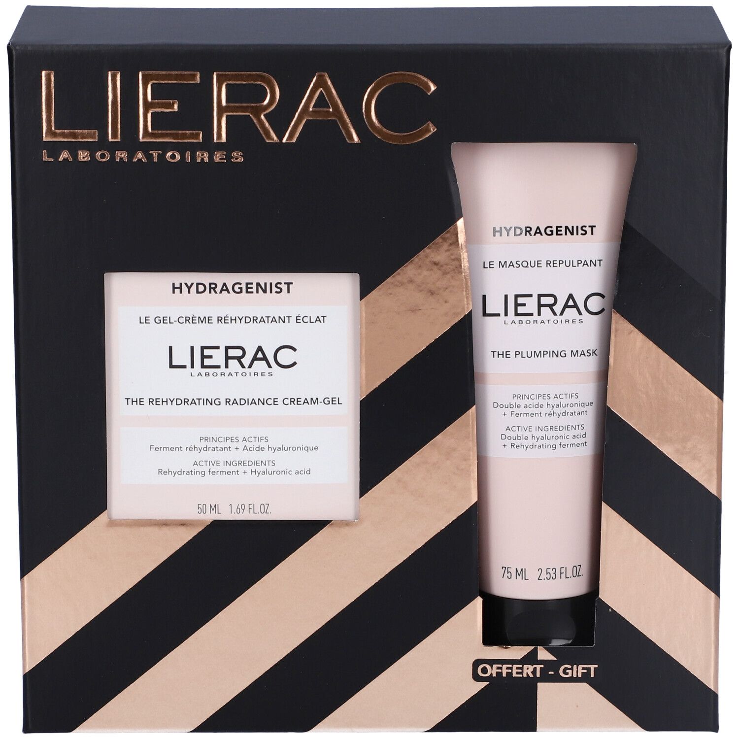 Set regalo con crema e maschera. Confezione nera e oro. Marchio Lierac. Contiene gel-crema e maschera.