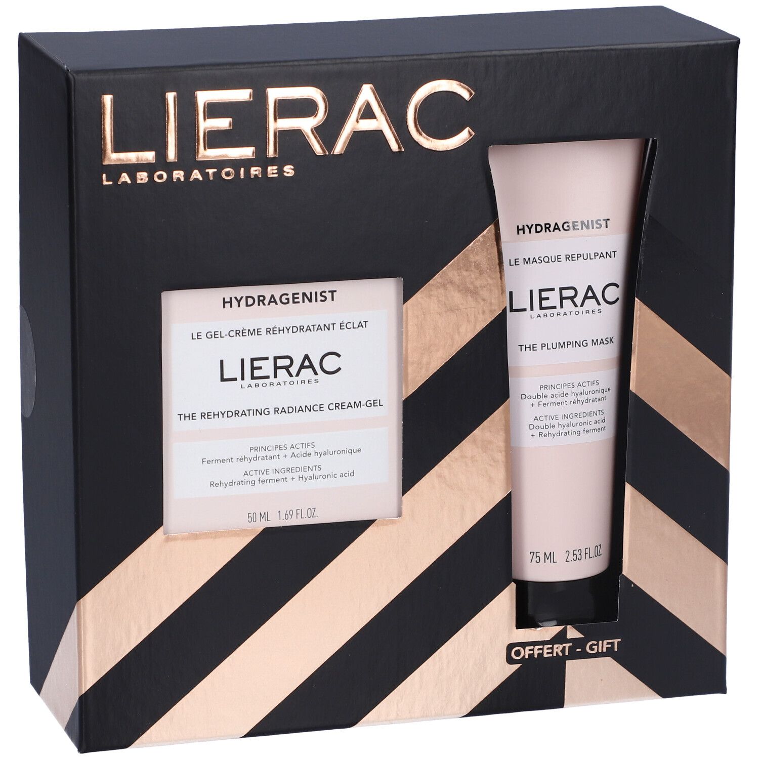 Set regalo con crema e maschera. Confezione nera e oro. Marchio Lierac. Contiene gel-crema e maschera.