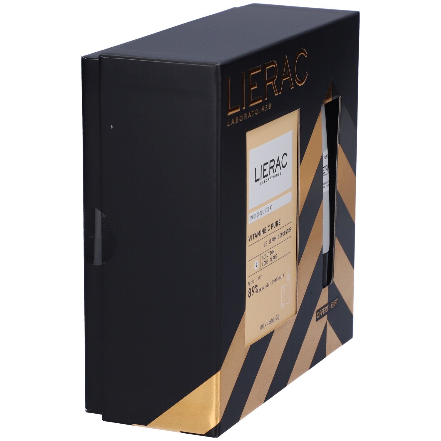 Confezione regalo nera con dettagli dorati. Logo Lierac in alto. Vista laterale con informazioni sul prodotto.