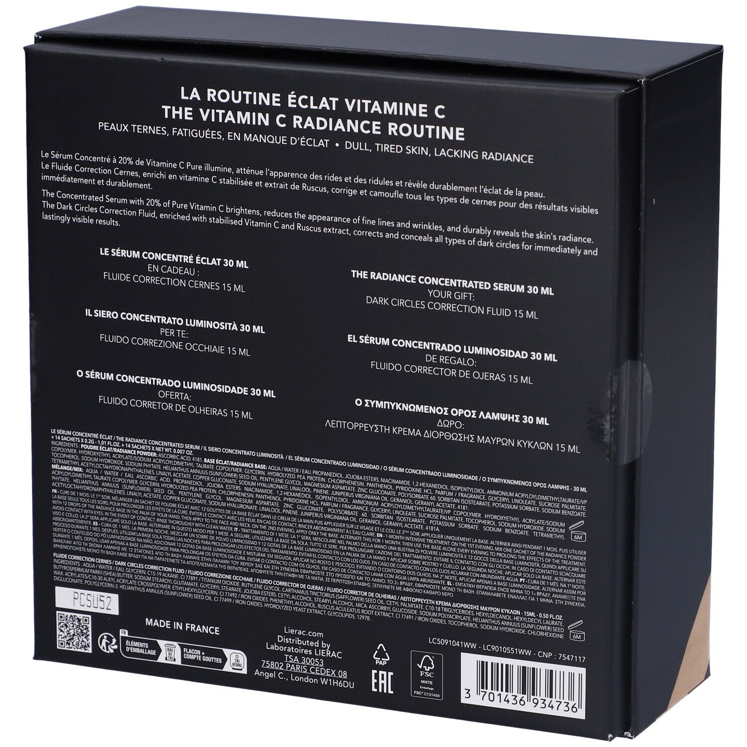 Retro della confezione regalo Lierac. Testo multilingue. Contiene informazioni sul prodotto e dettagli del produttore.