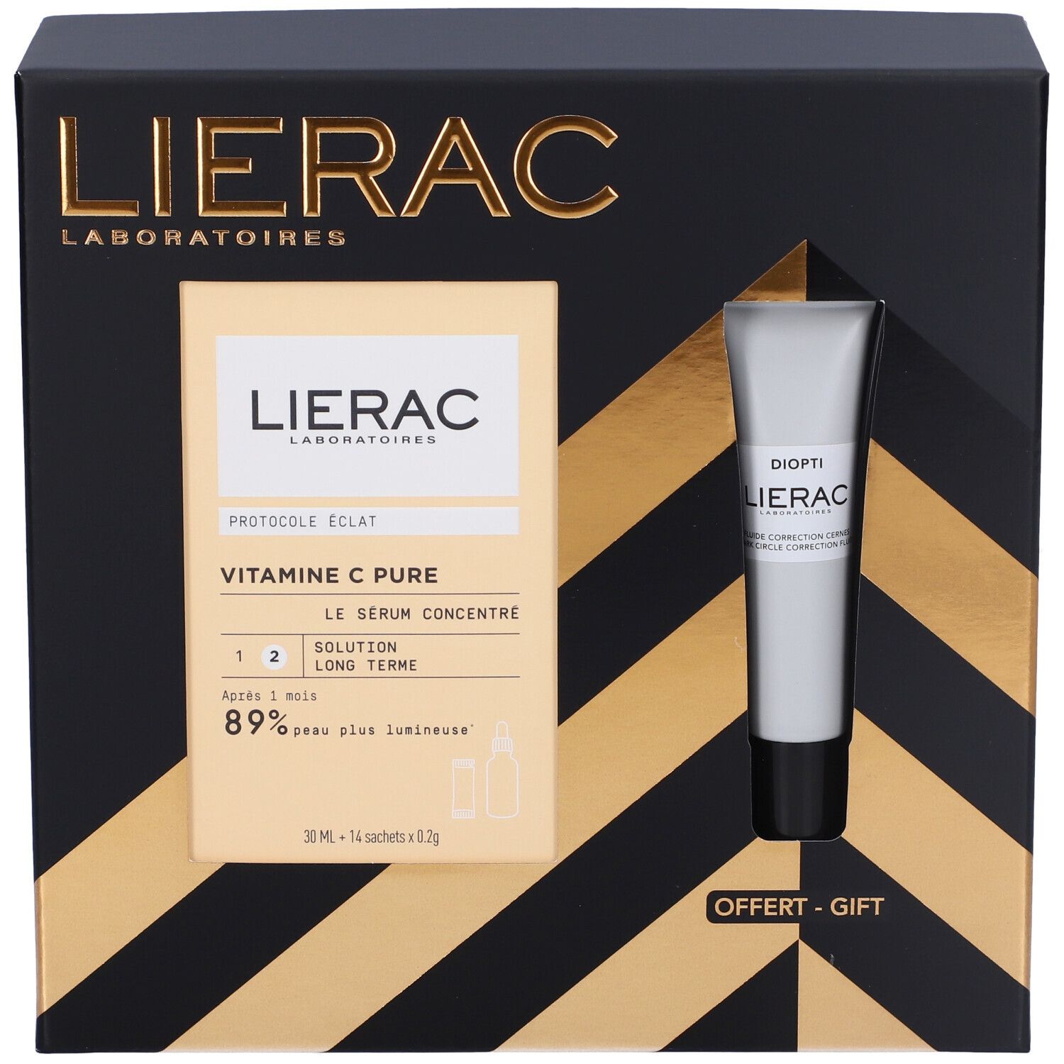 Confezione regalo Lierac con siero e crema occhi. Scatola nera con dettagli dorati. Nomi dei prodotti visibili.