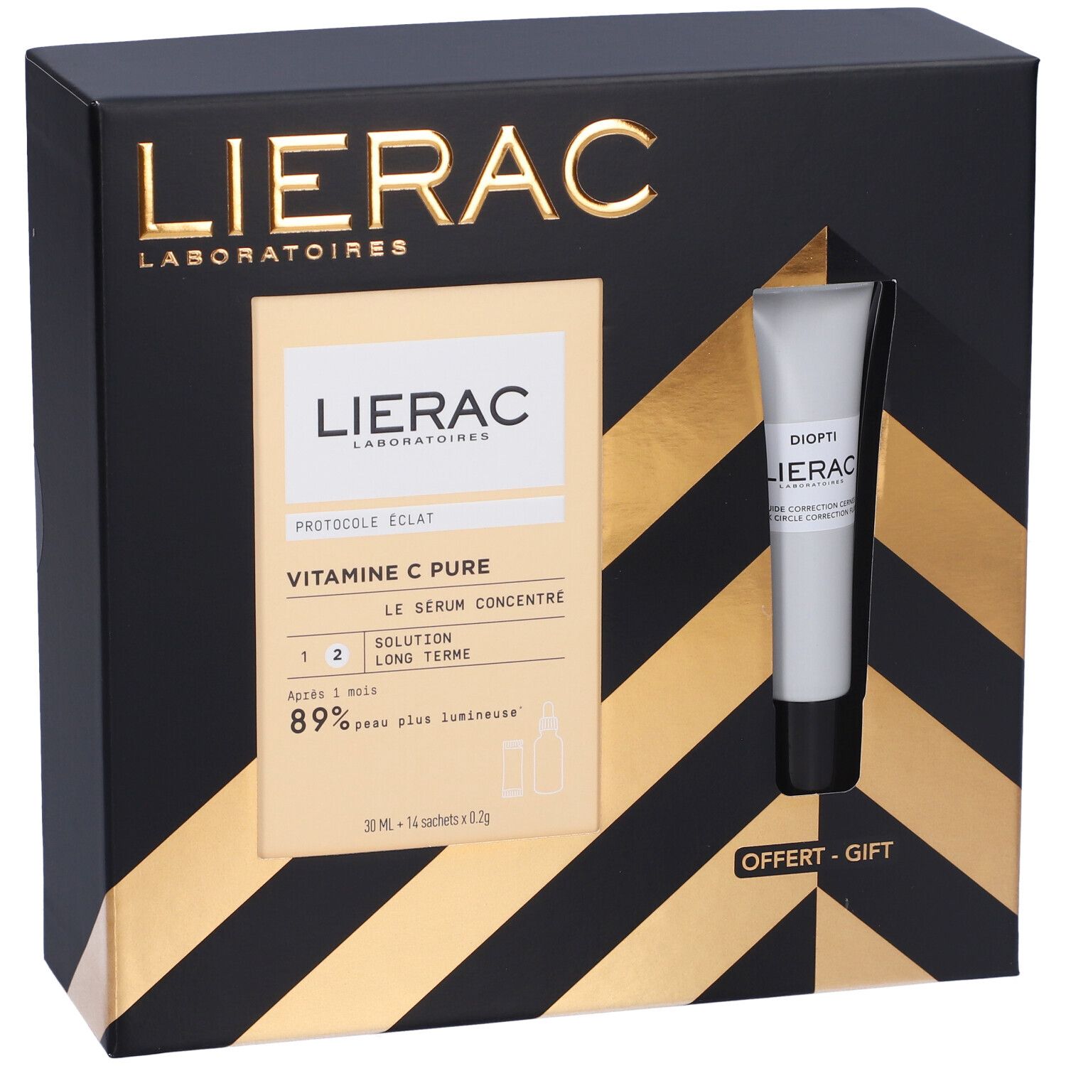 Confezione regalo Lierac con siero e crema occhi. Scatola nera con dettagli dorati. Nomi dei prodotti visibili.
