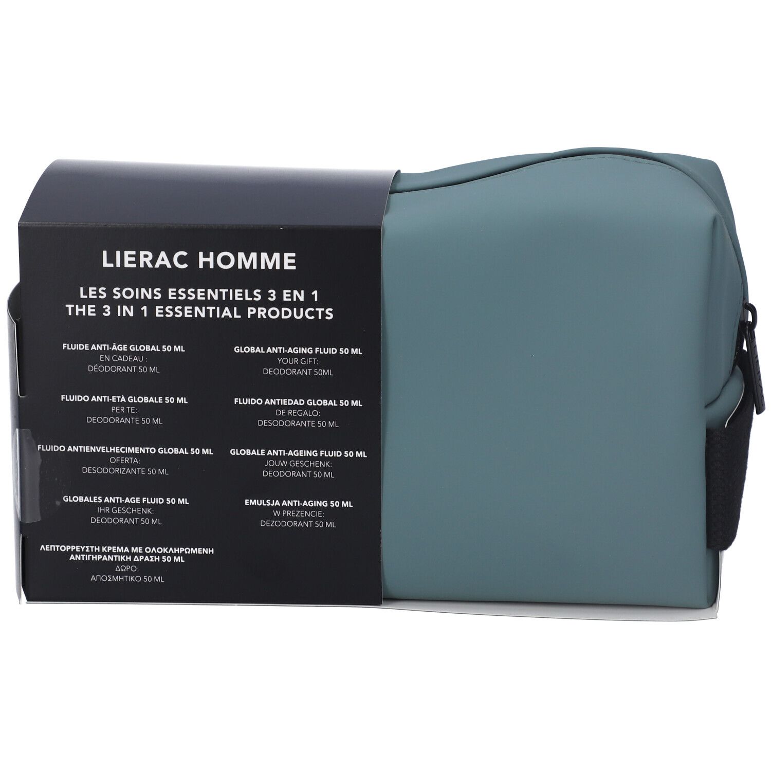 Set regalo con trousse e confezione nera. Testo: Lierac Homme, Les soins essentiels 3 en 1.