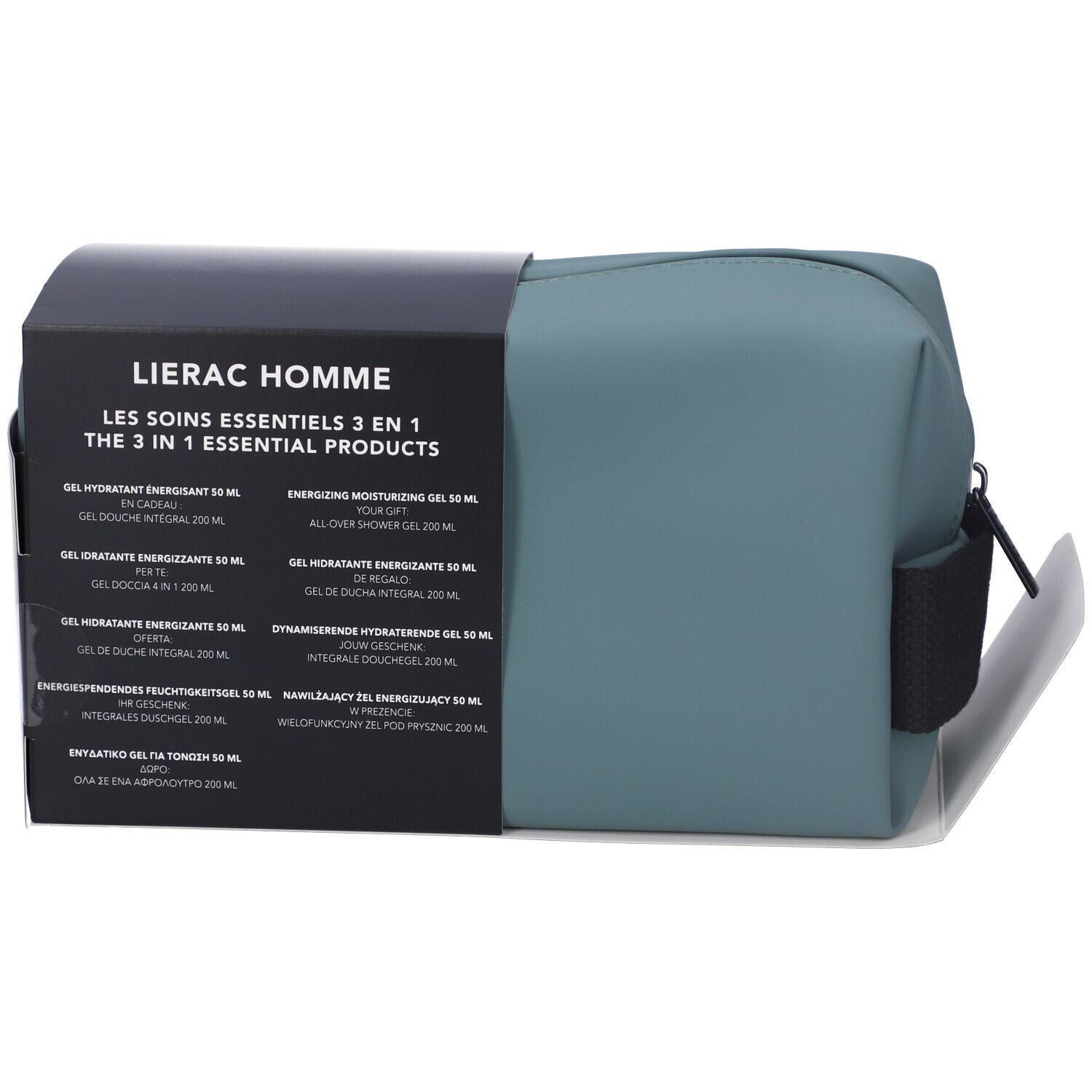 Set regalo con trousse. Marchio "LIERAC HOMME" visibile. Trousse blu-verde.