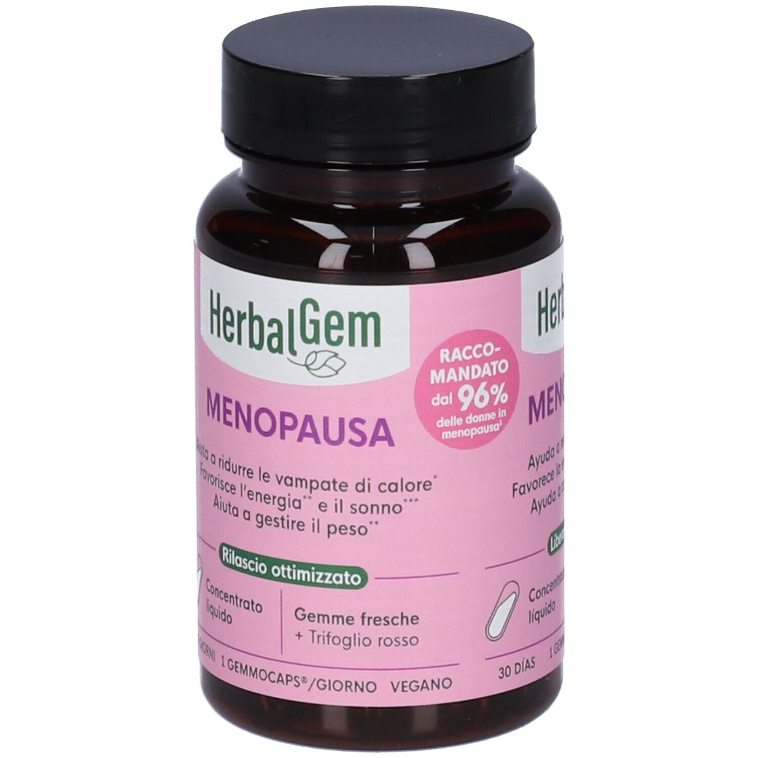 Flacone marrone, tappo nero. Etichetta rosa con testo: MENOPAUSA, HerbalGem. 30 capsule.