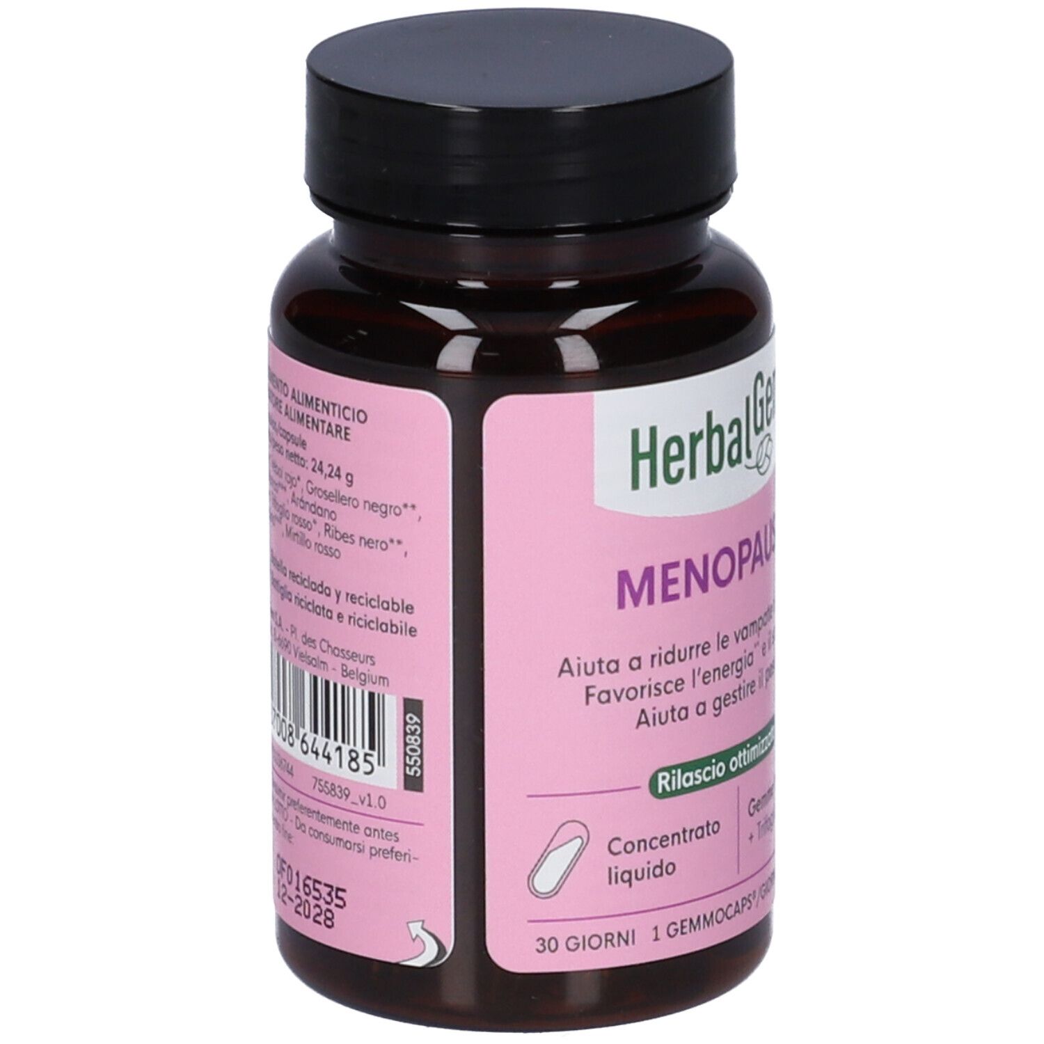 Flacone marrone, tappo nero. Etichetta rosa con testo: MENOPAUSA, HerbalGem. 30 capsule.