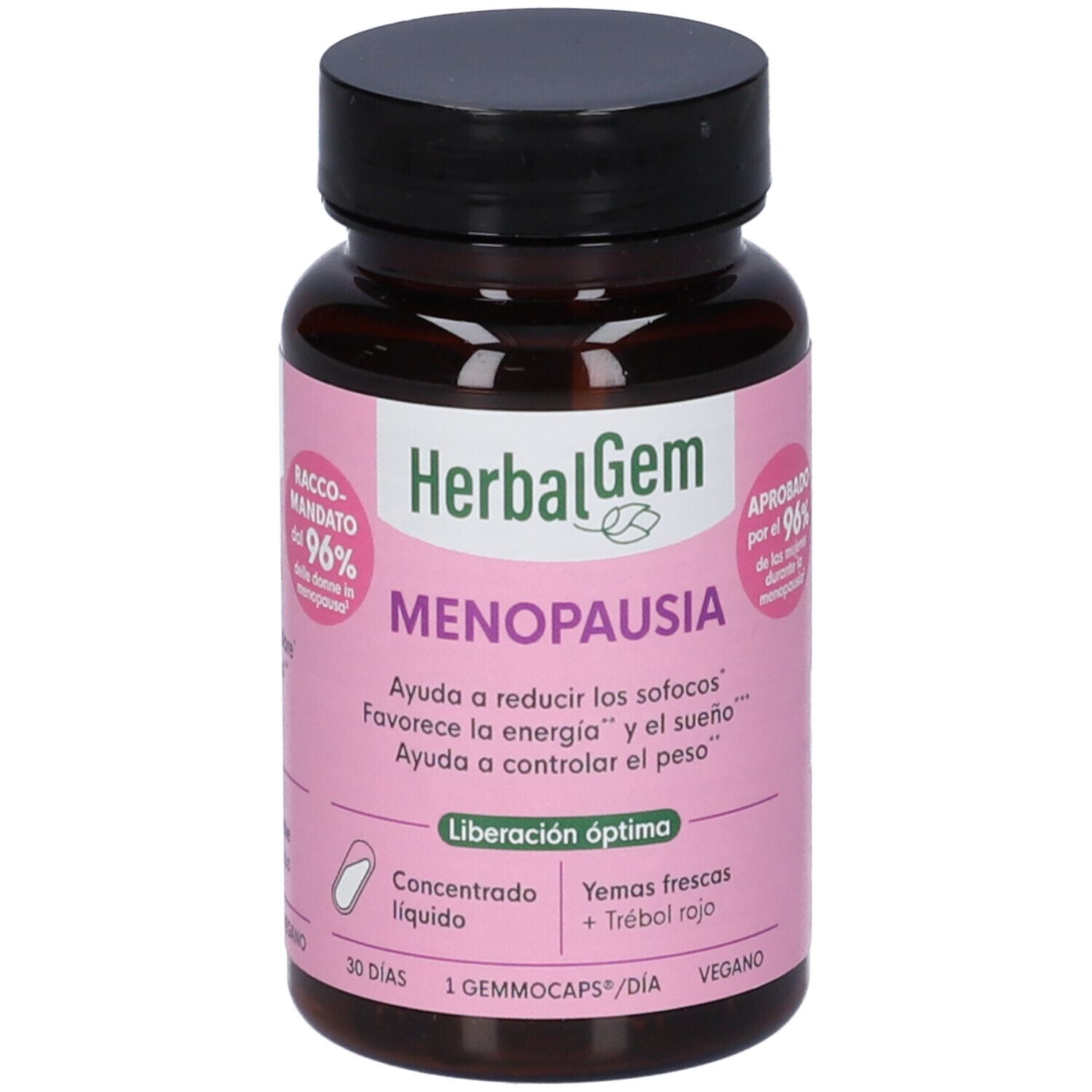 Flacone marrone, tappo nero. Etichetta rosa con testo: MENOPAUSA, HerbalGem. 30 capsule.