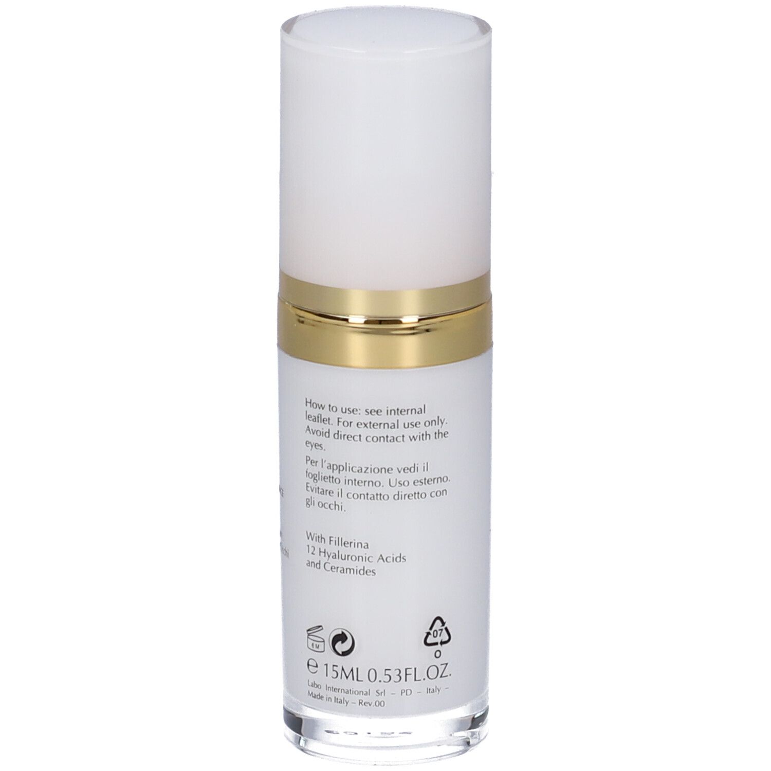 Retro della crema contorno occhi Labo Transdermic con istruzioni e ingredienti.