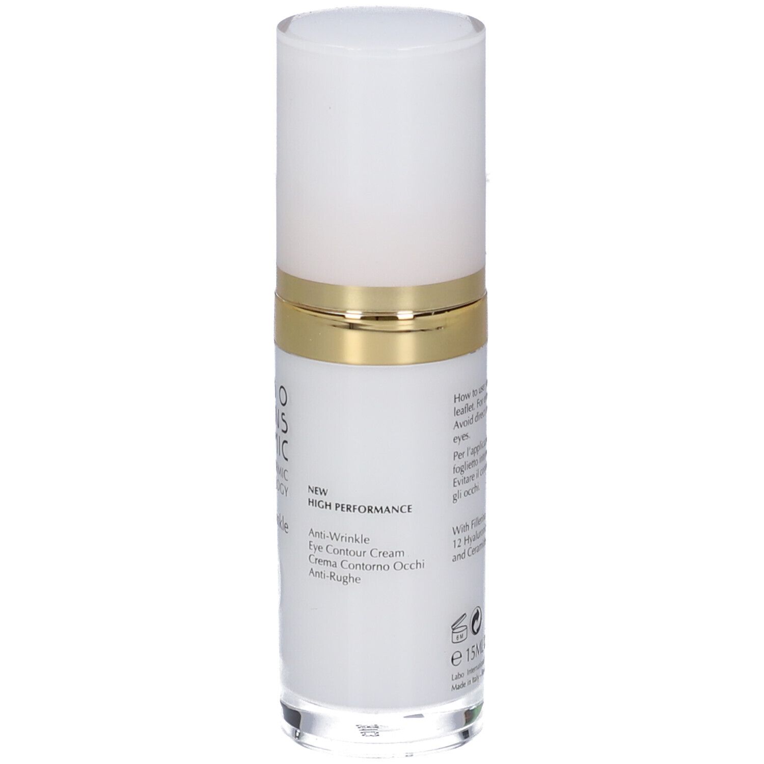 Crema contorno occhi antirughe Labo Transdermic con indicazione 'New High Performance'.