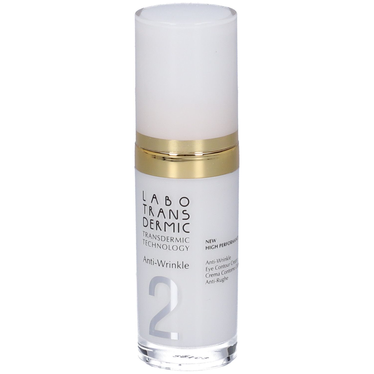 Crema contorno occhi antirughe Labo Transdermic in dispenser bianco con anello dorato.