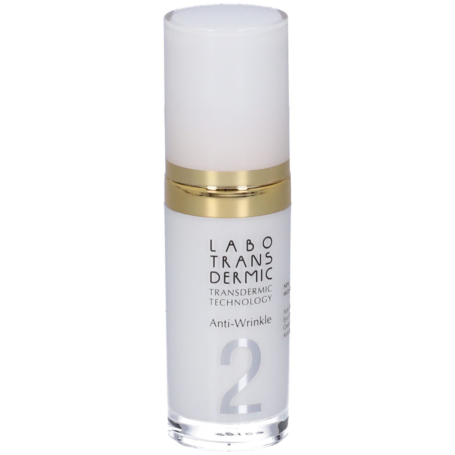 Crema contorno occhi antirughe Labo Transdermic in dispenser bianco con anello dorato.