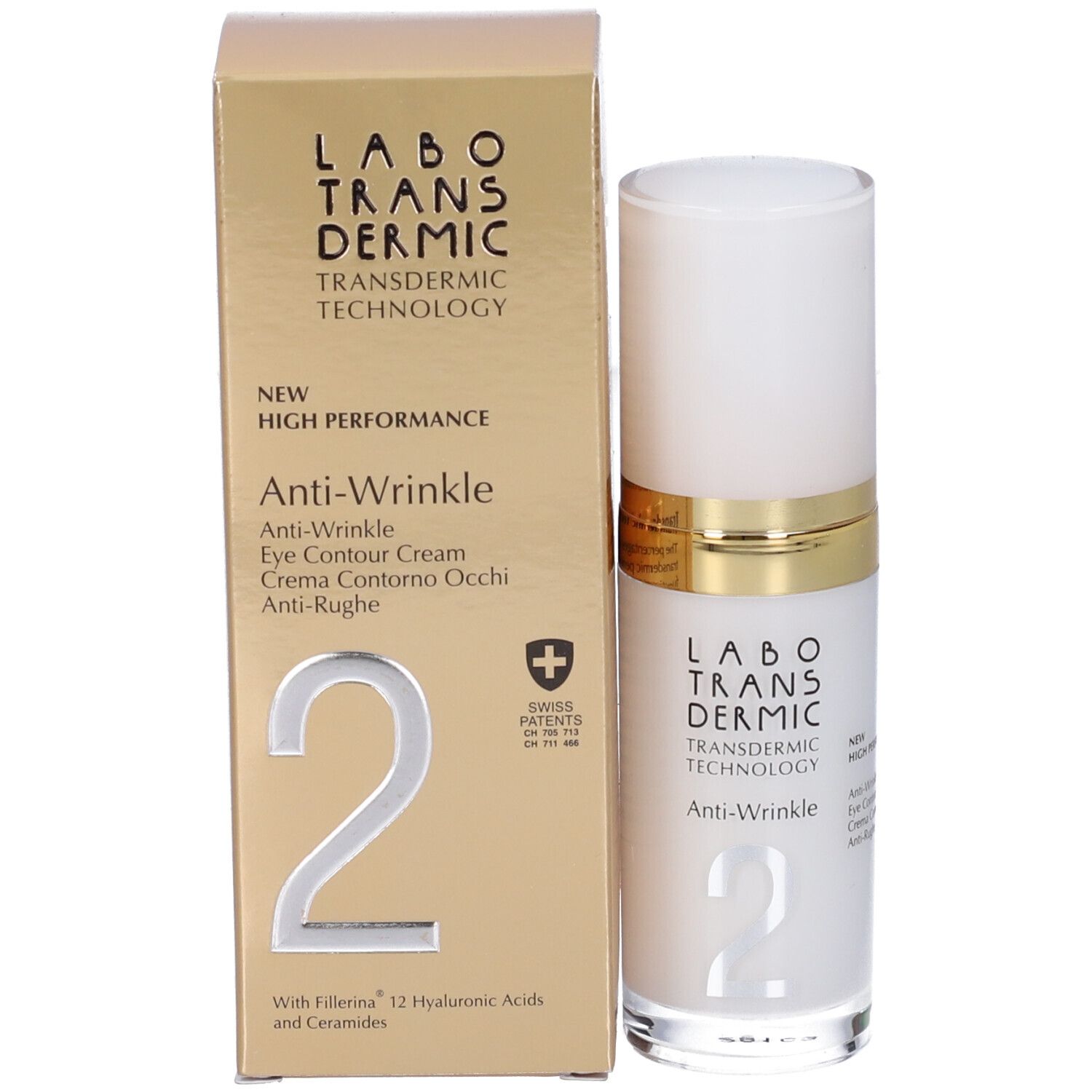 Crema contorno occhi antirughe Labo Transdermic e sua confezione dorata con simbolo brevetto svizzero.