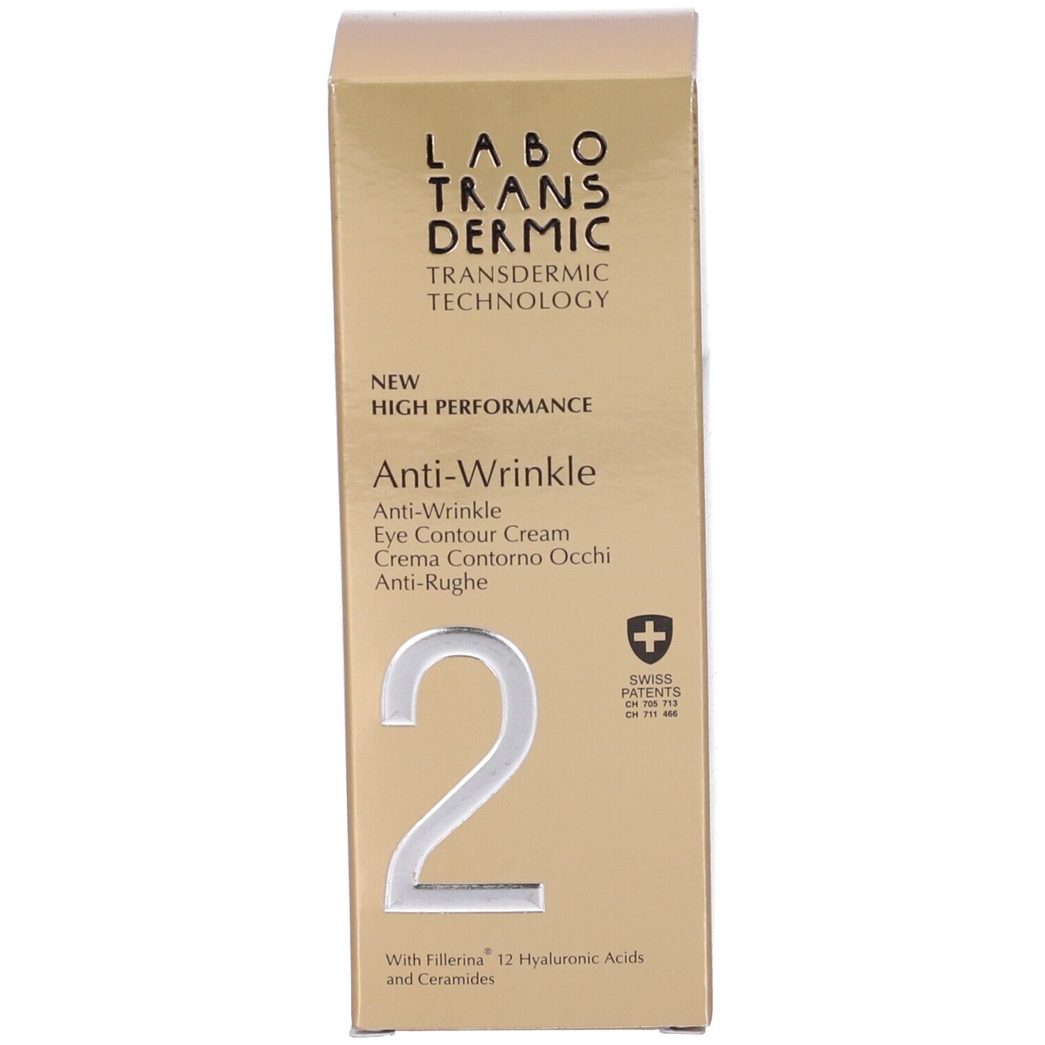 Confezione dorata della crema contorno occhi antirughe Labo Transdermic con simbolo brevetto svizzero.