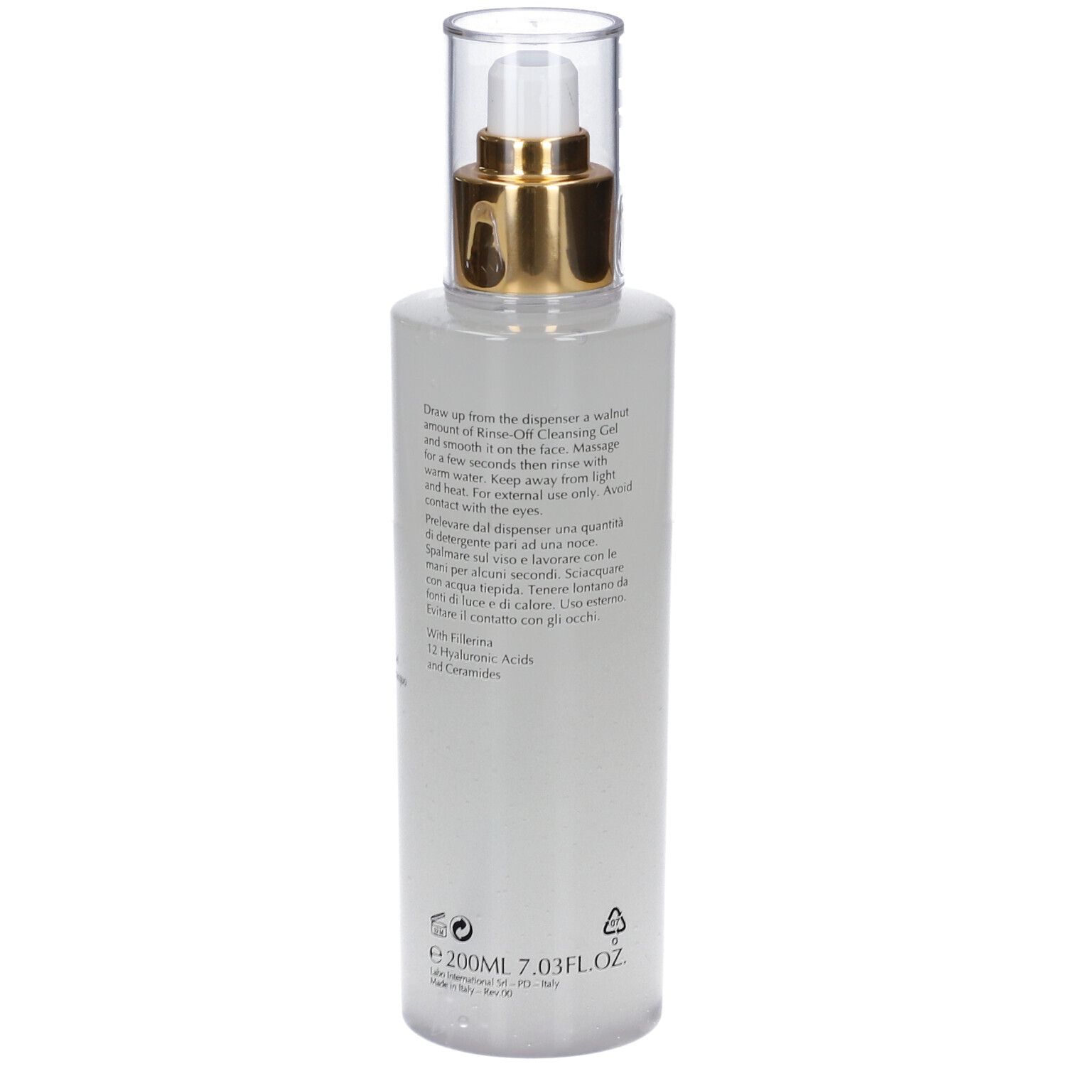 Flacone con erogatore, 200 ml, con etichetta che elenca gli ingredienti.