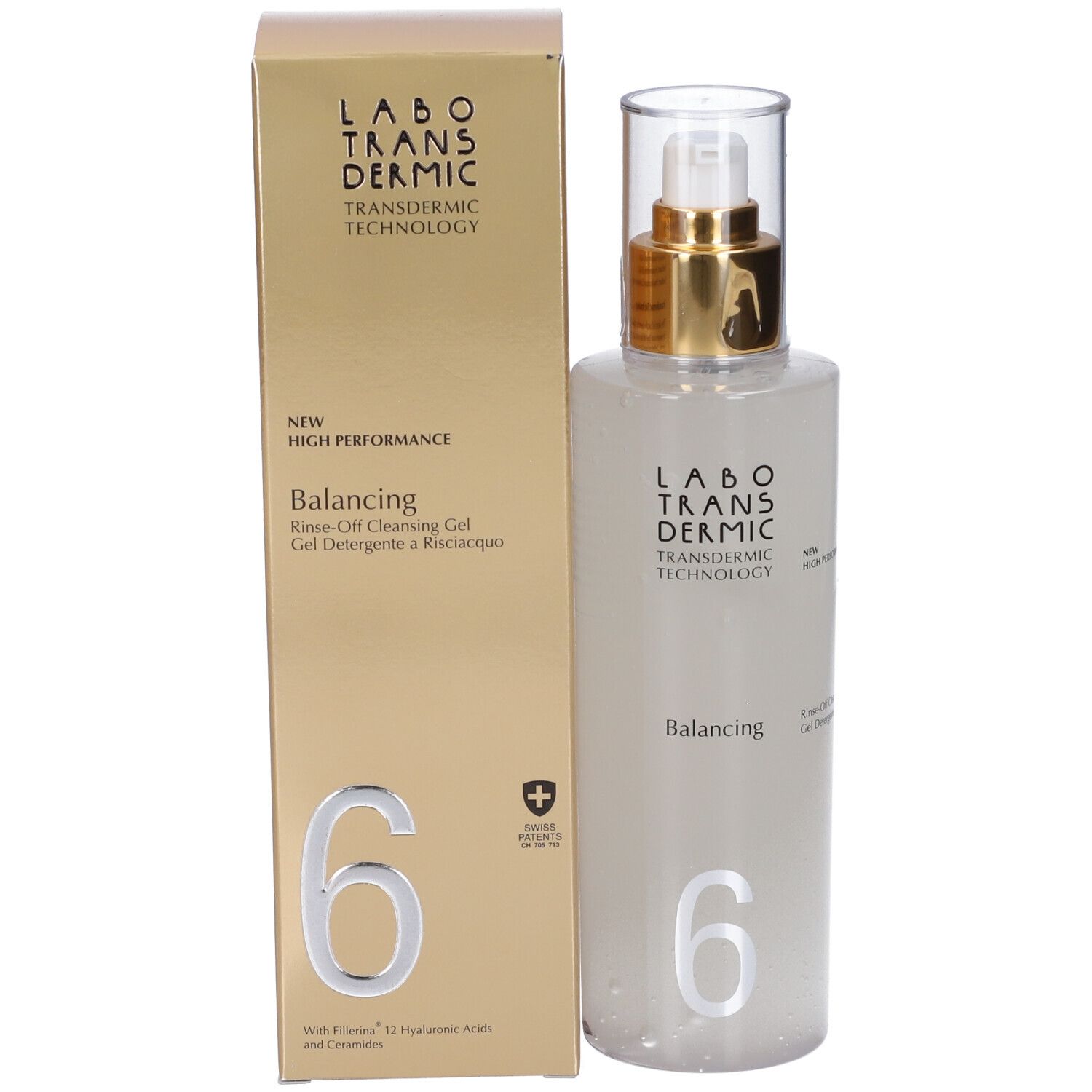 LABO TRANSDERMIC Balancing Rinse-Off Cleansing Gel con dispenser a pompa e tappo dorato. Scatola dorata con un '6' argentato.