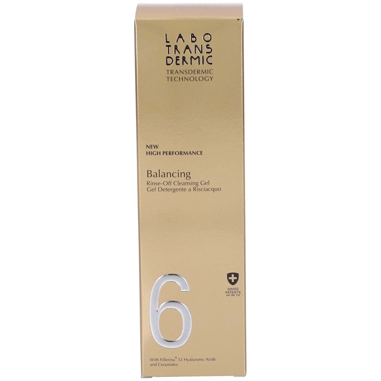 Confezione dorata per Labo Transdermic Balancing Rinse-Off Cleansing Gel. Include il numero 6 e un simbolo di croce svizzera.