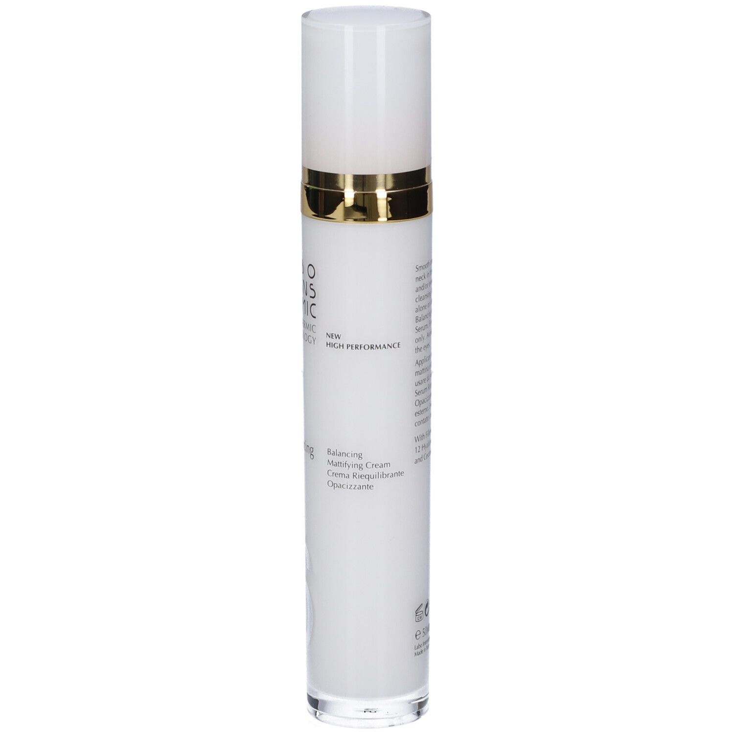 Flacone bianco con dispenser a pompa, anello dorato e testo. Labo Transdermic Balancing.