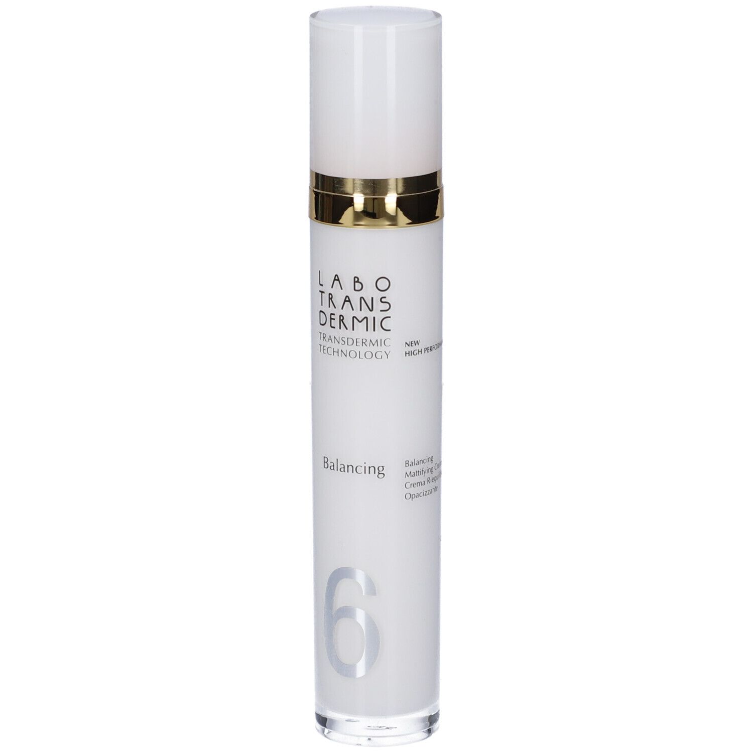 Flacone bianco con dispenser a pompa, anello dorato e testo. Labo Transdermic Balancing.