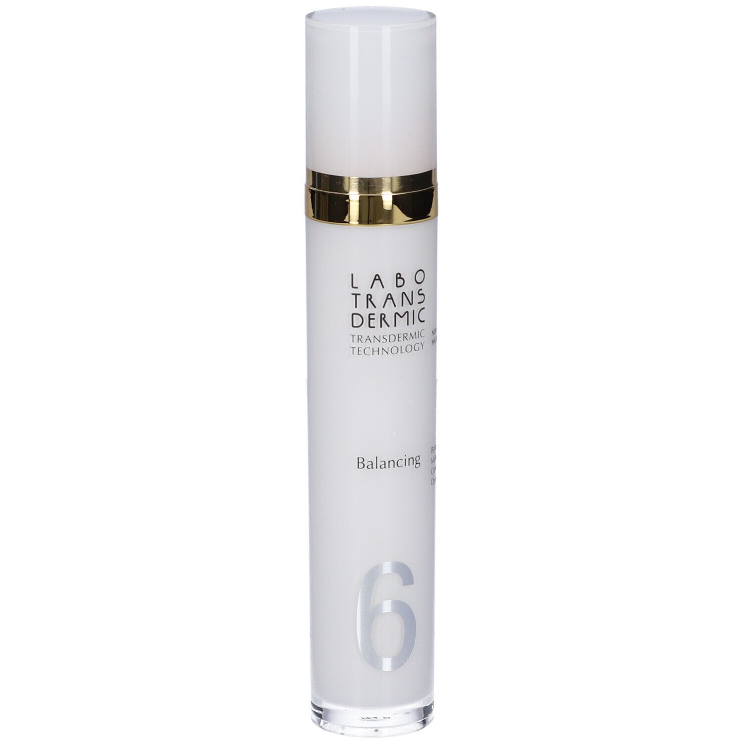 Flacone bianco con dispenser a pompa, anello dorato e testo. Labo Transdermic Balancing.
