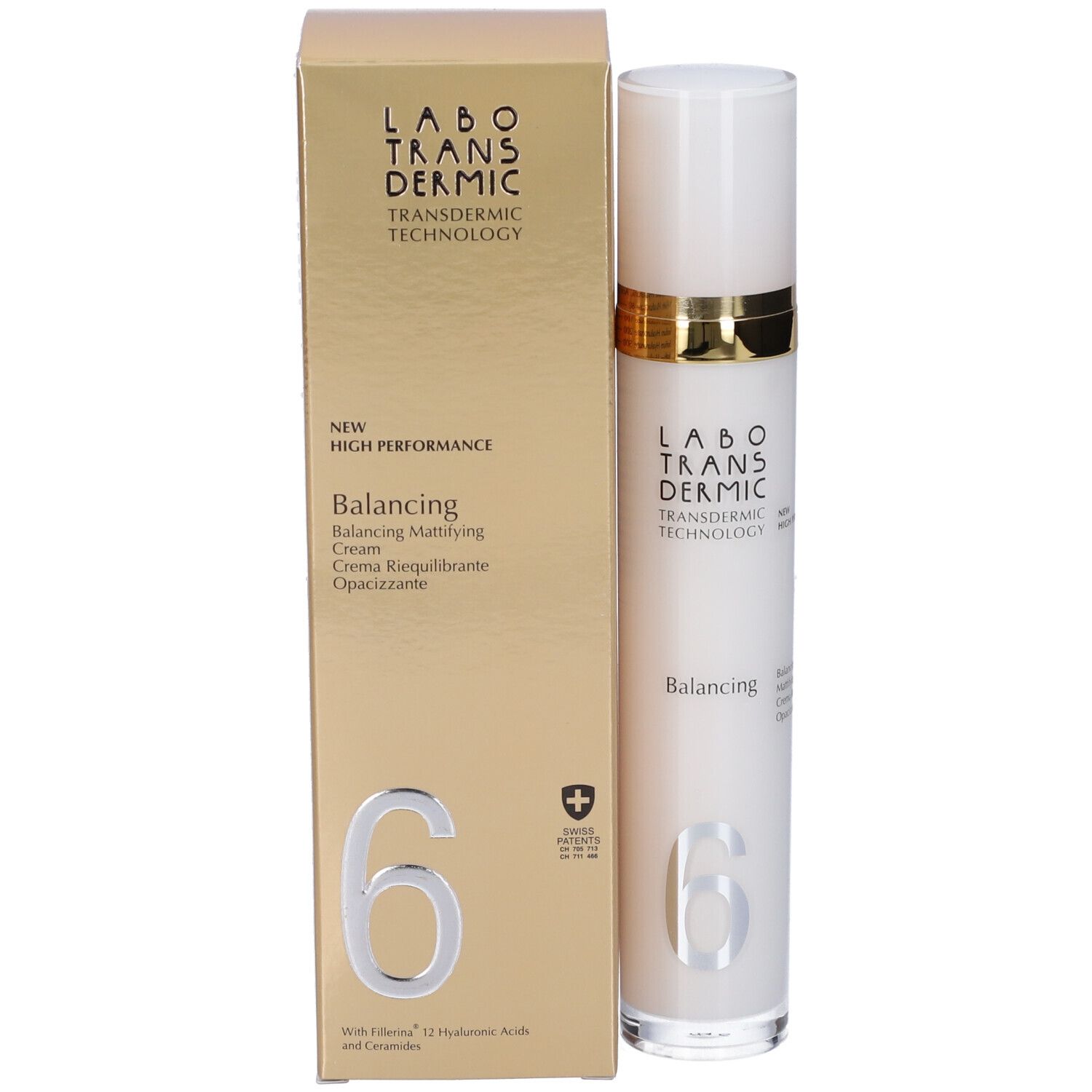 Flacone Labo Transdermic Balancing e scatola dorata con informazioni prodotto.