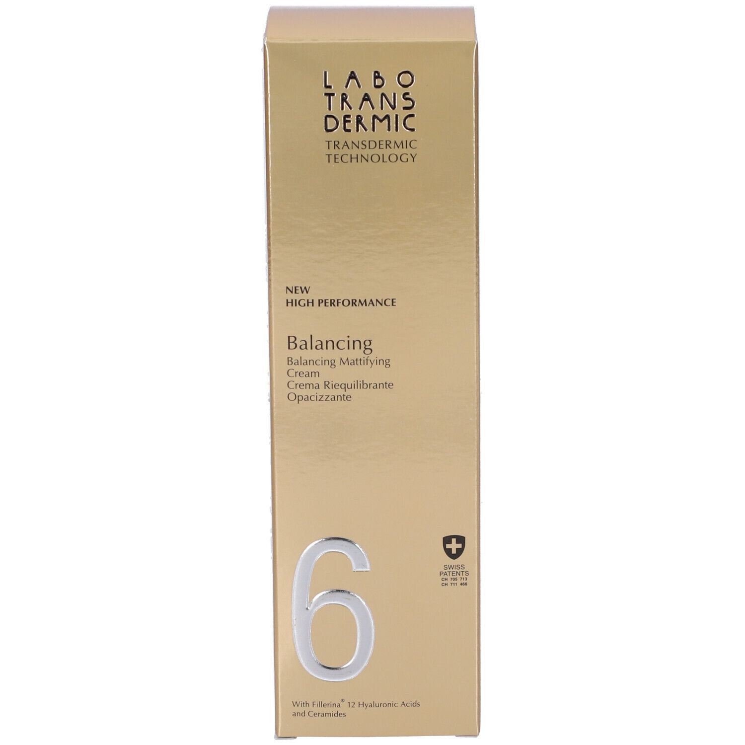 Scatola dorata con informazioni prodotto. Labo Transdermic Balancing.