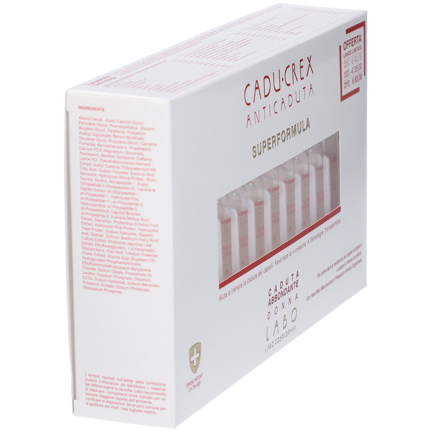 Scatola bianca, angolata. Scritto: CADU-CREX ANTICADUTA SUPERFORMULA. Ingredienti e testo.