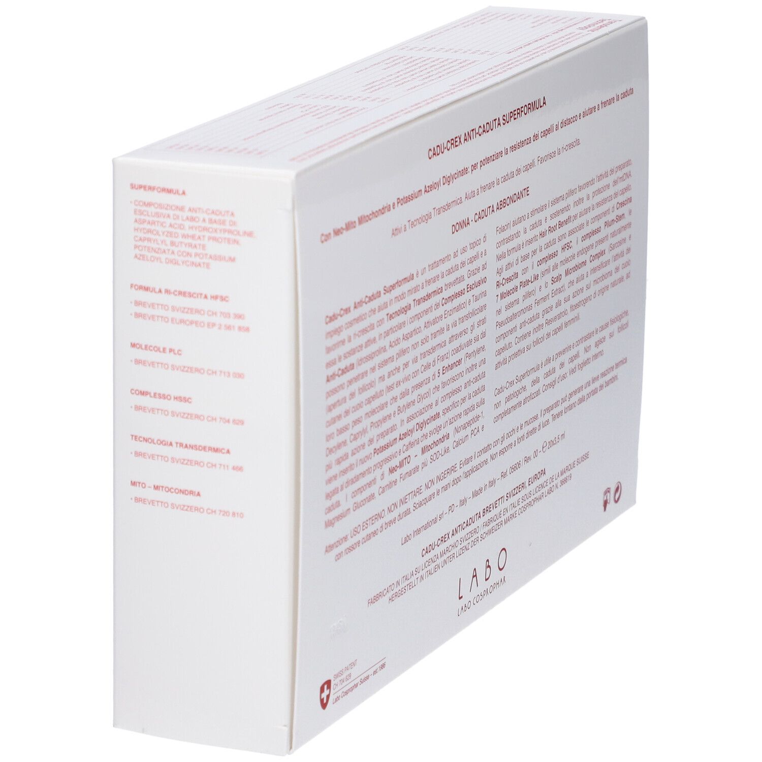 Scatola bianca angolata. Testo e informazioni sul prodotto. Marchio: LABO.