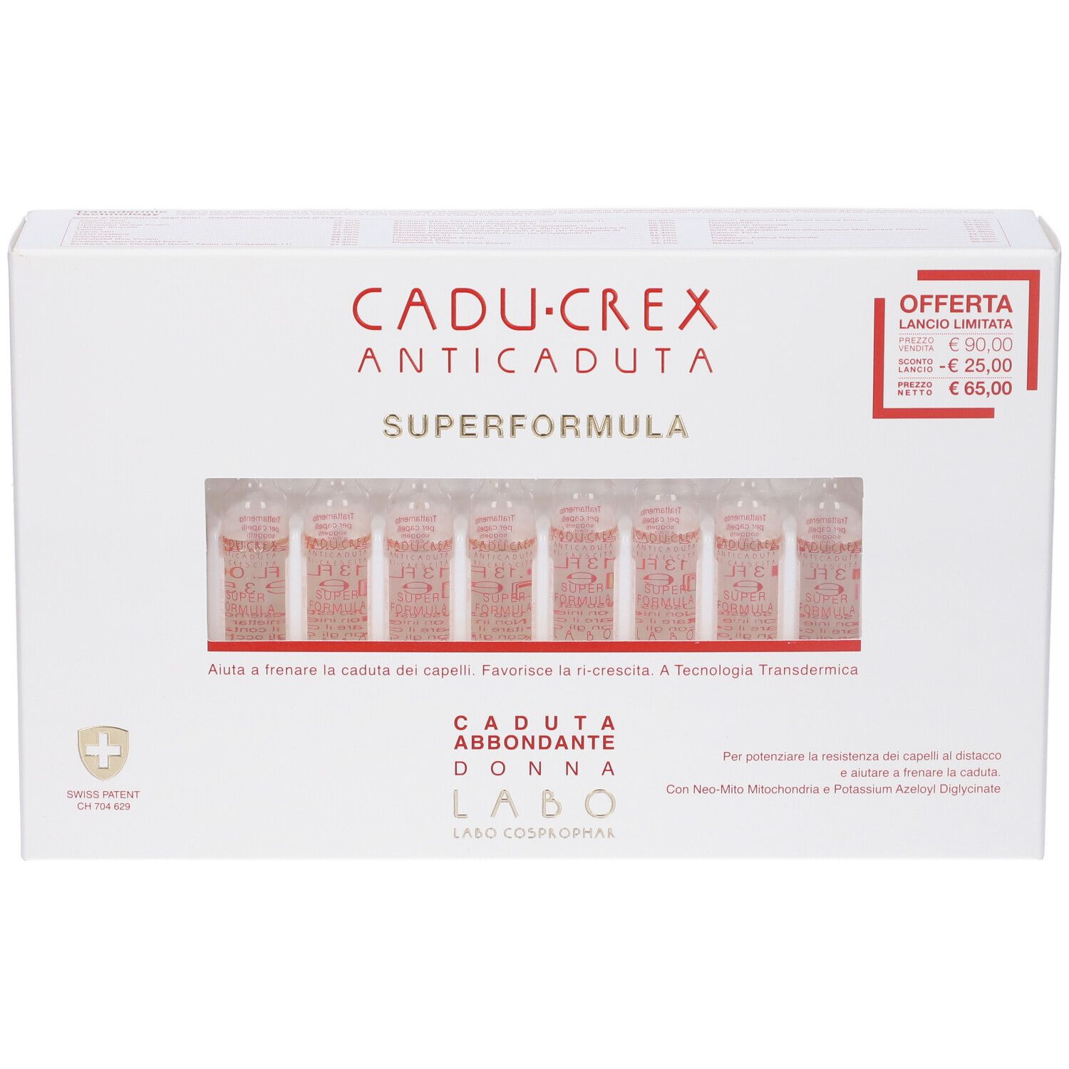 Scatola bianca con fiale. Scritto: CADU-CREX ANTICADUTA SUPERFORMULA. Fiale visibili.