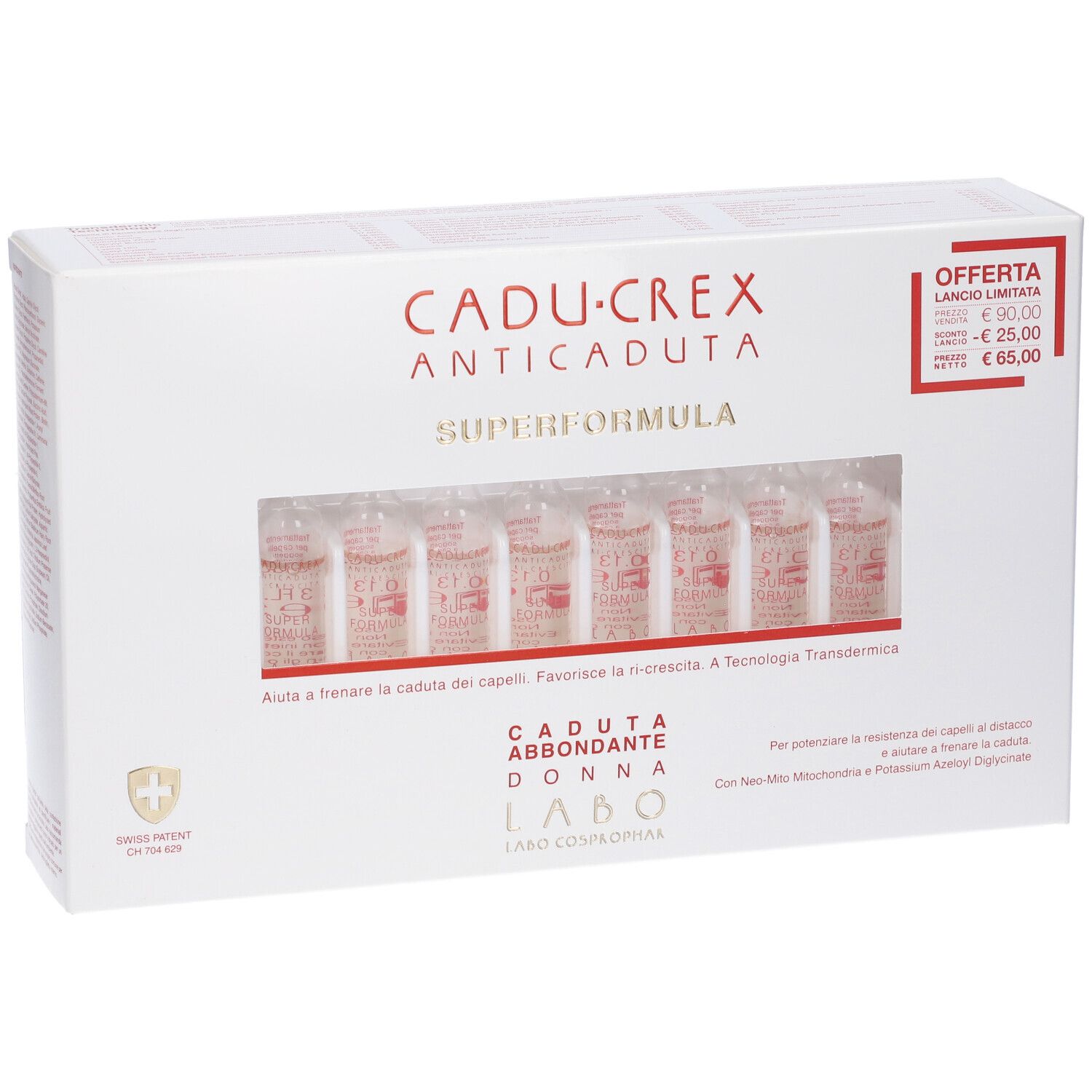 Scatola bianca con fiale. Scritto: CADU-CREX ANTICADUTA SUPERFORMULA. Fiale visibili.