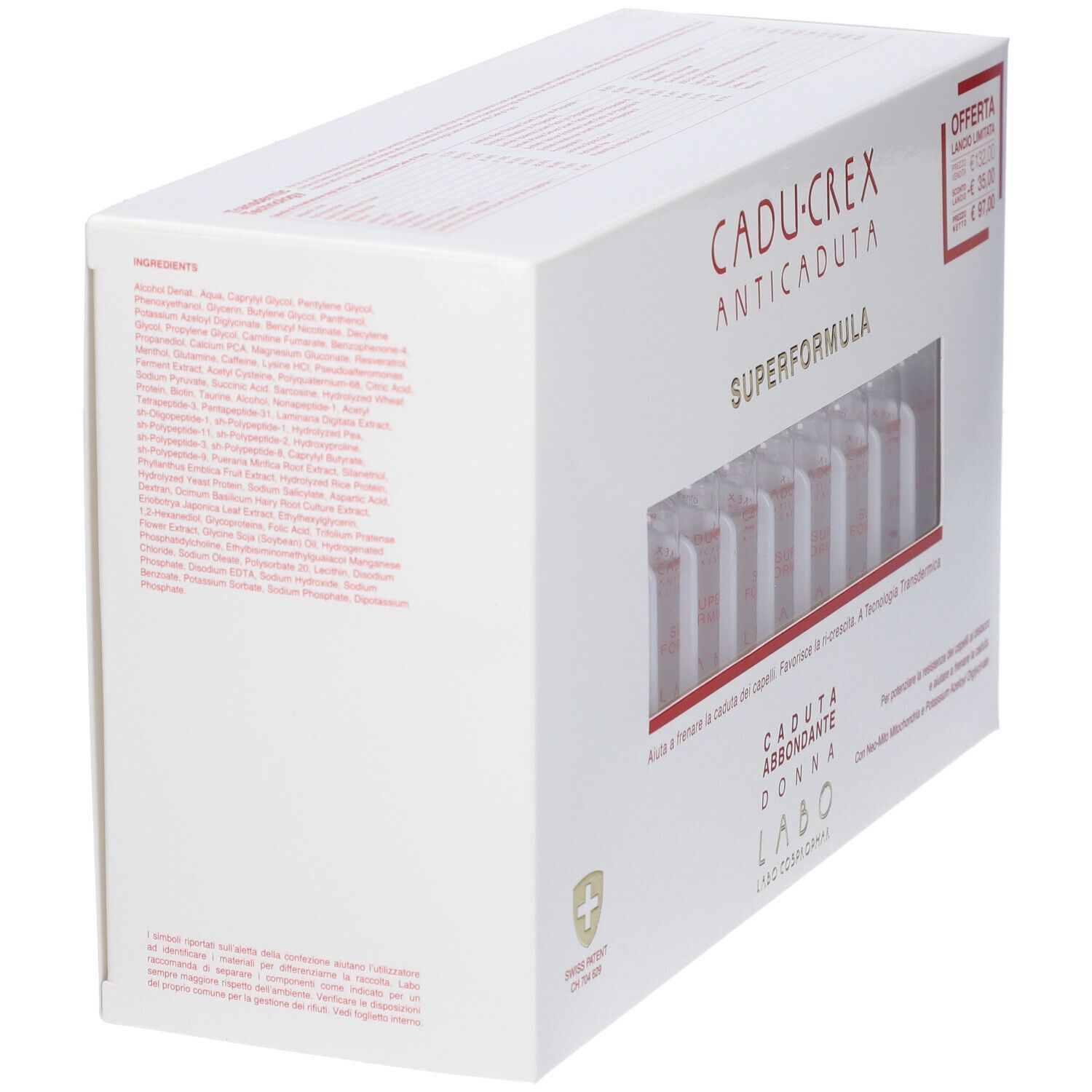Confezione bianca con ingredienti e testo. Nome prodotto: Cadu-Crex. Croce svizzera. Vista angolare.