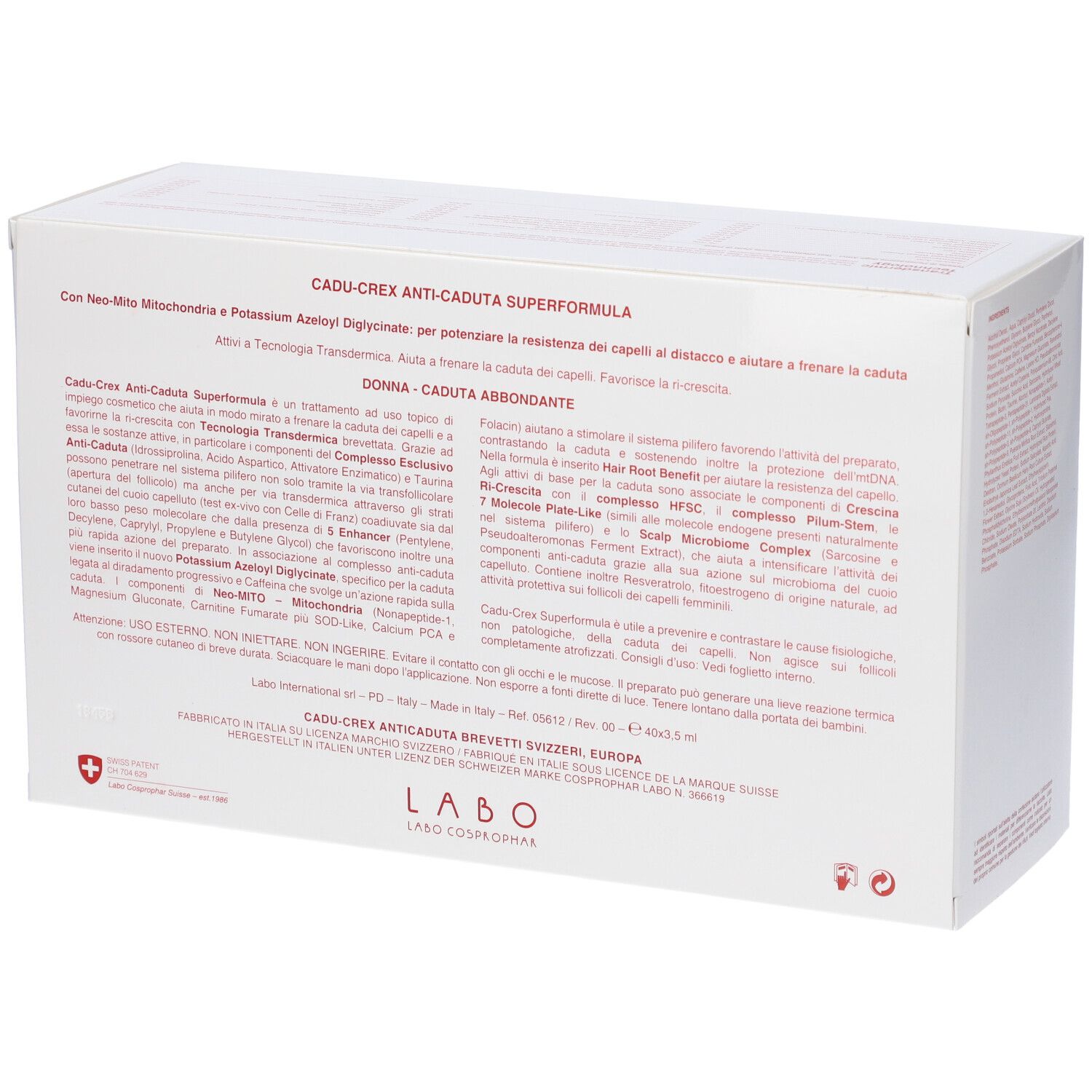 Retro della confezione bianca con testo. Nome prodotto: Cadu-Crex Anti-Caduta Superformula. Croce svizzera.