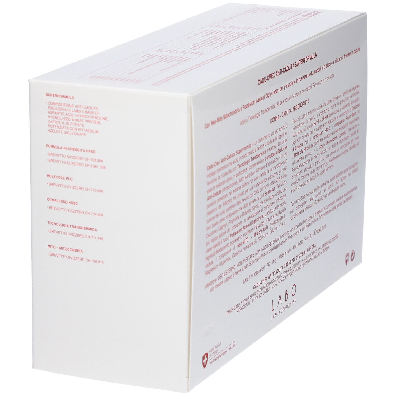 Confezione bianca con testo. Nome prodotto: Cadu-Crex Anti-Caduta Superformula. Vista angolare.