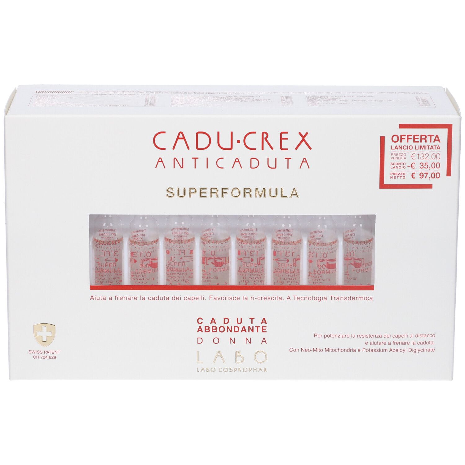 Confezione bianca con nome prodotto e fiale. Testo: Cadu-Crex, Superformula, Caduta Abbondante Donna. Prezzo offerta.