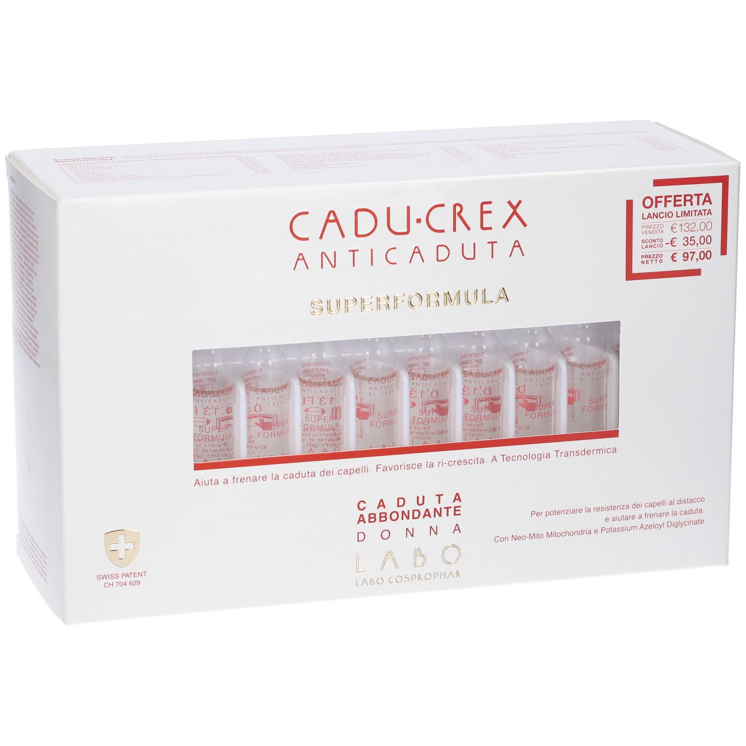 Confezione bianca con nome prodotto e fiale. Testo: Cadu-Crex, Superformula, Caduta Abbondante Donna. Prezzo offerta.