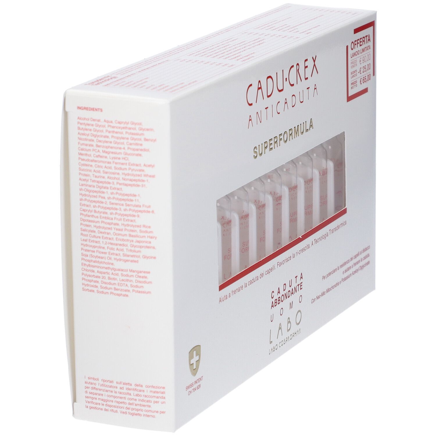Scatola bianca con fiale. Scritto: CADU-CREX ANTICADUTA SUPERFORMULA. Elenco ingredienti sul lato.