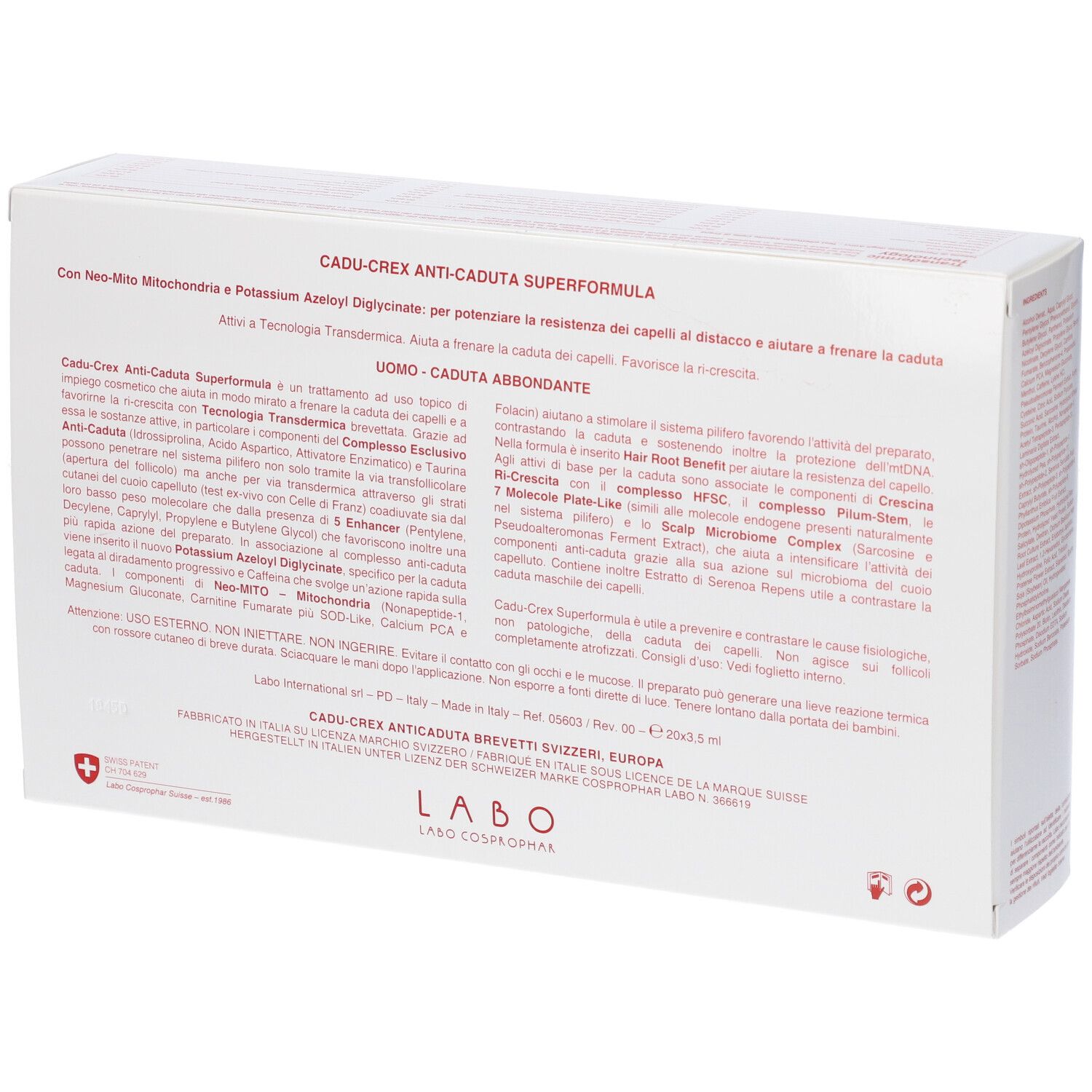 Retro della confezione bianca. Testo: CADU-CREX ANTI-CADUTA SUPERFORMULA. Informazioni e ingredienti.