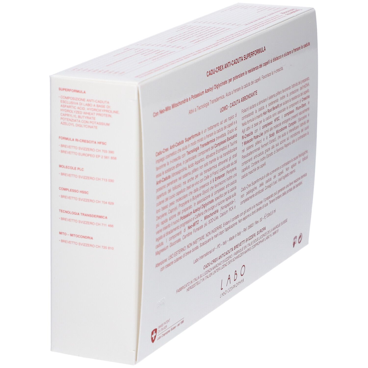 Vista obliqua della confezione bianca. Testo: CADU-CREX ANTI-CADUTA SUPERFORMULA. Informazioni e ingredienti.