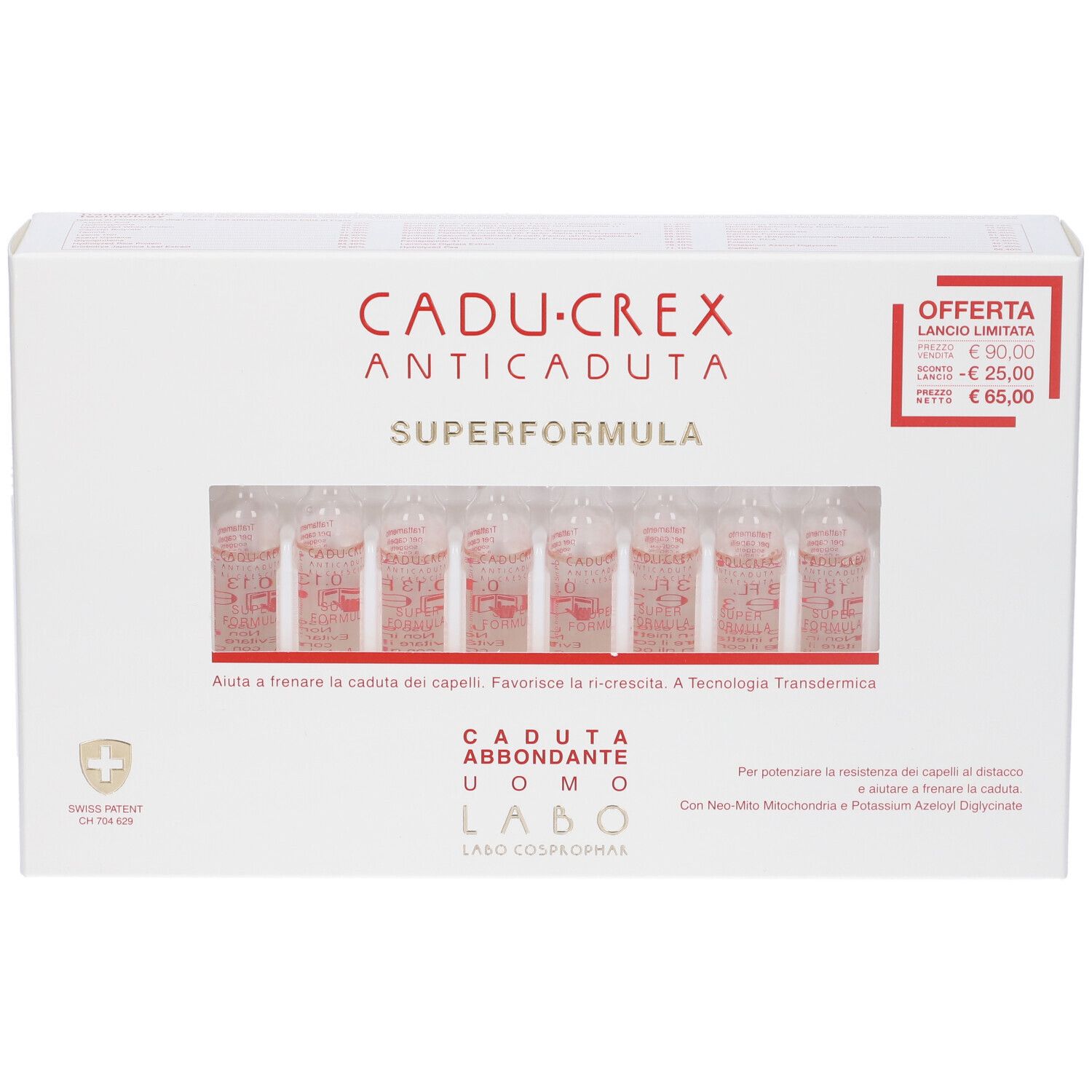 Scatola bianca con fiale. Scritto: CADU-CREX ANTICADUTA SUPERFORMULA. Finestra con fiale visibili.