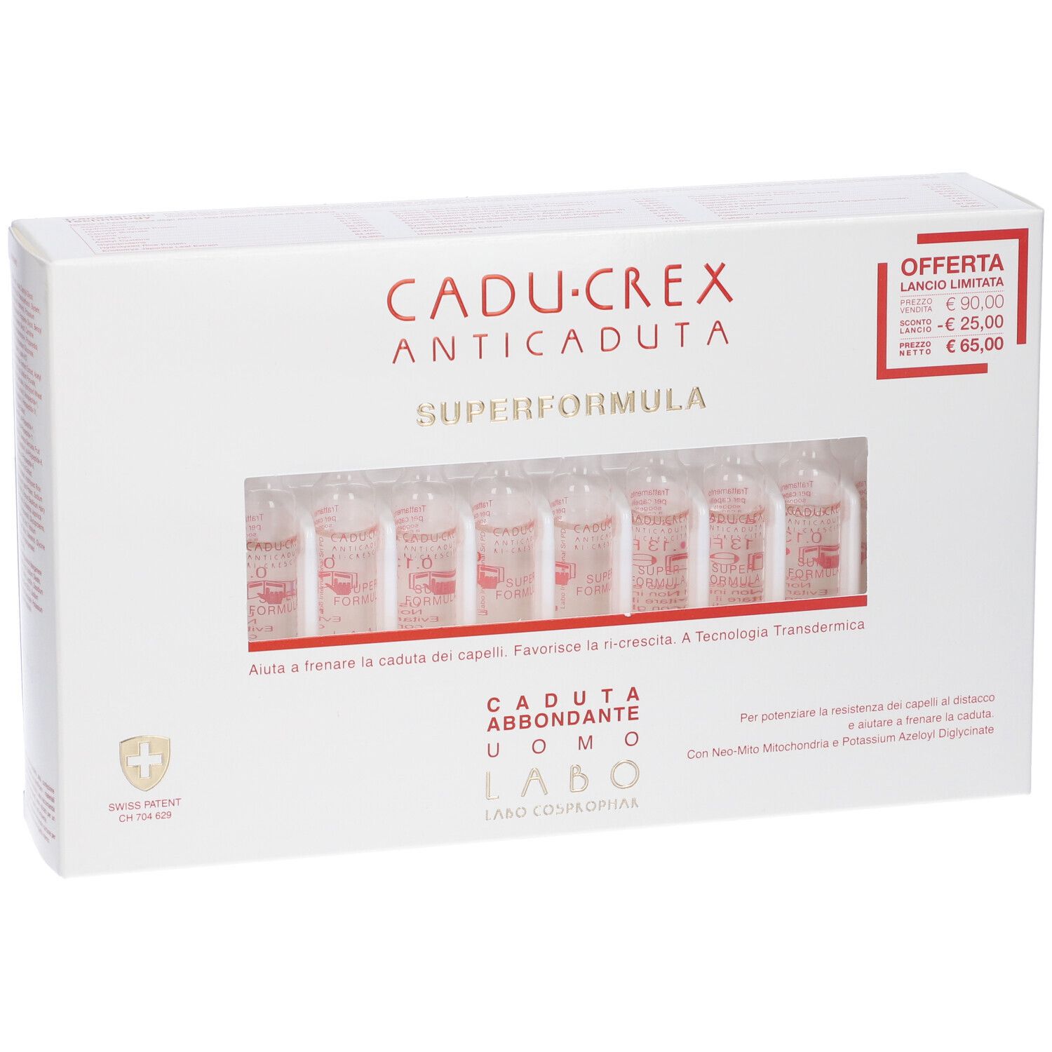 Scatola bianca con fiale. Scritto: CADU-CREX ANTICADUTA SUPERFORMULA. Finestra con fiale visibili.