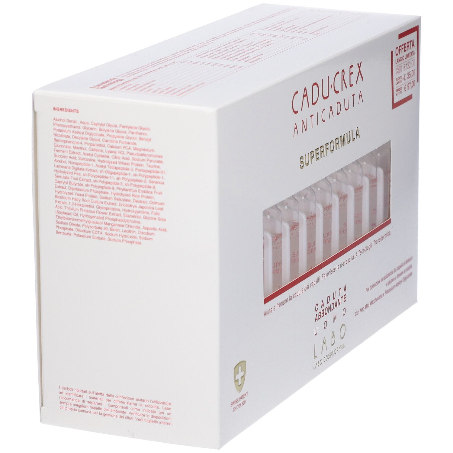 Scatola bianca, vista laterale. Testo: CADU-CREX ANTICADUTA SUPERFORMULA. Elenco ingredienti. Logo: Swiss Made.