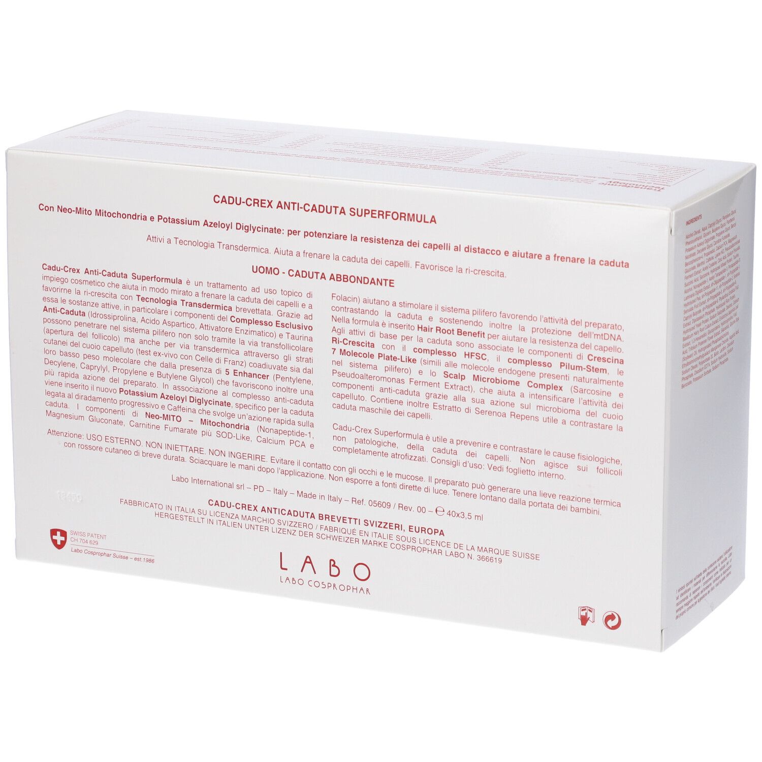 Retro della scatola bianca. Testo: CADU-CREX ANTICADUTA SUPERFORMULA. Informazioni prodotto. Logo: Swiss Made.