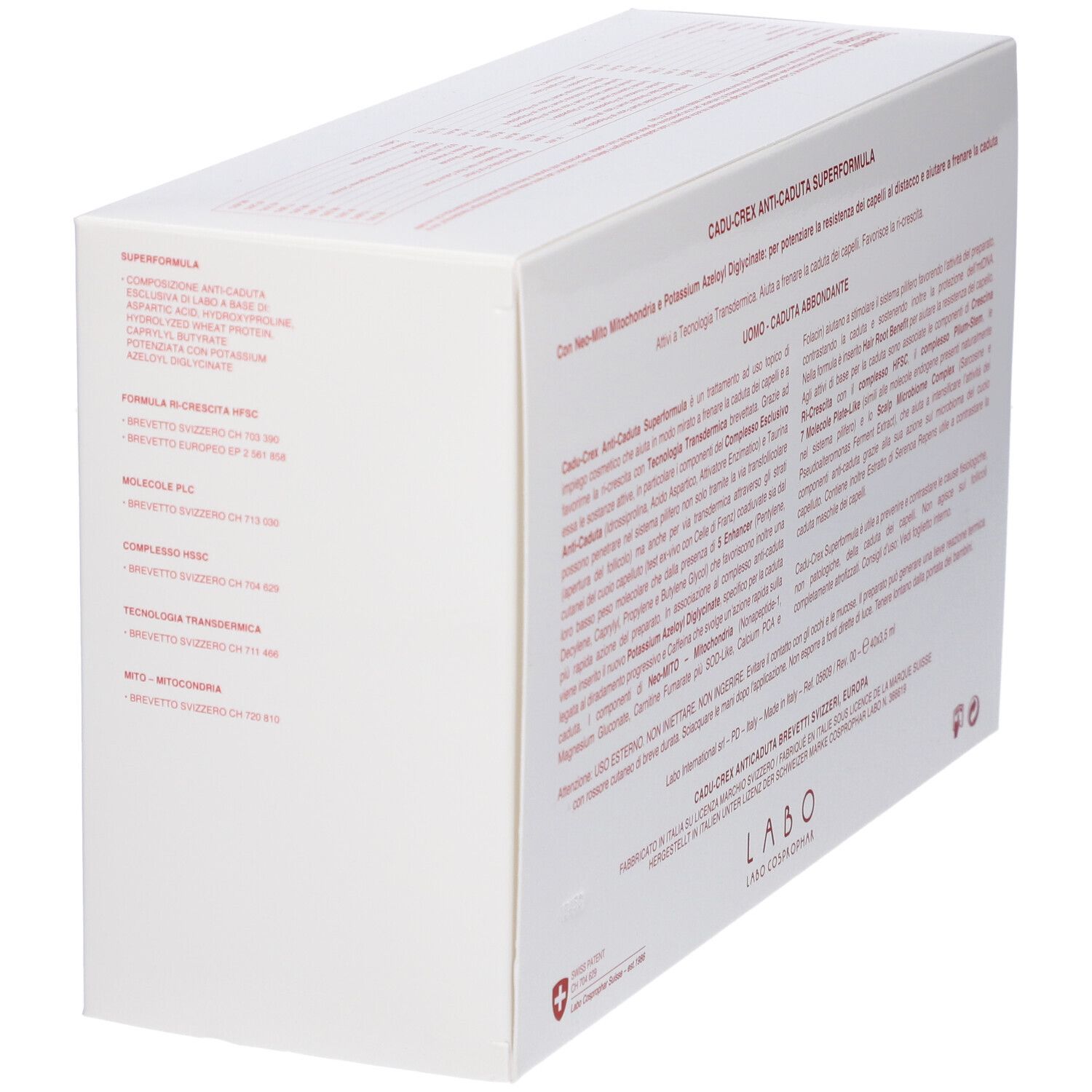 Scatola, vista obliqua. Testo: CADU-CREX ANTICADUTA SUPERFORMULA. Informazioni prodotto. Logo: Swiss Made.