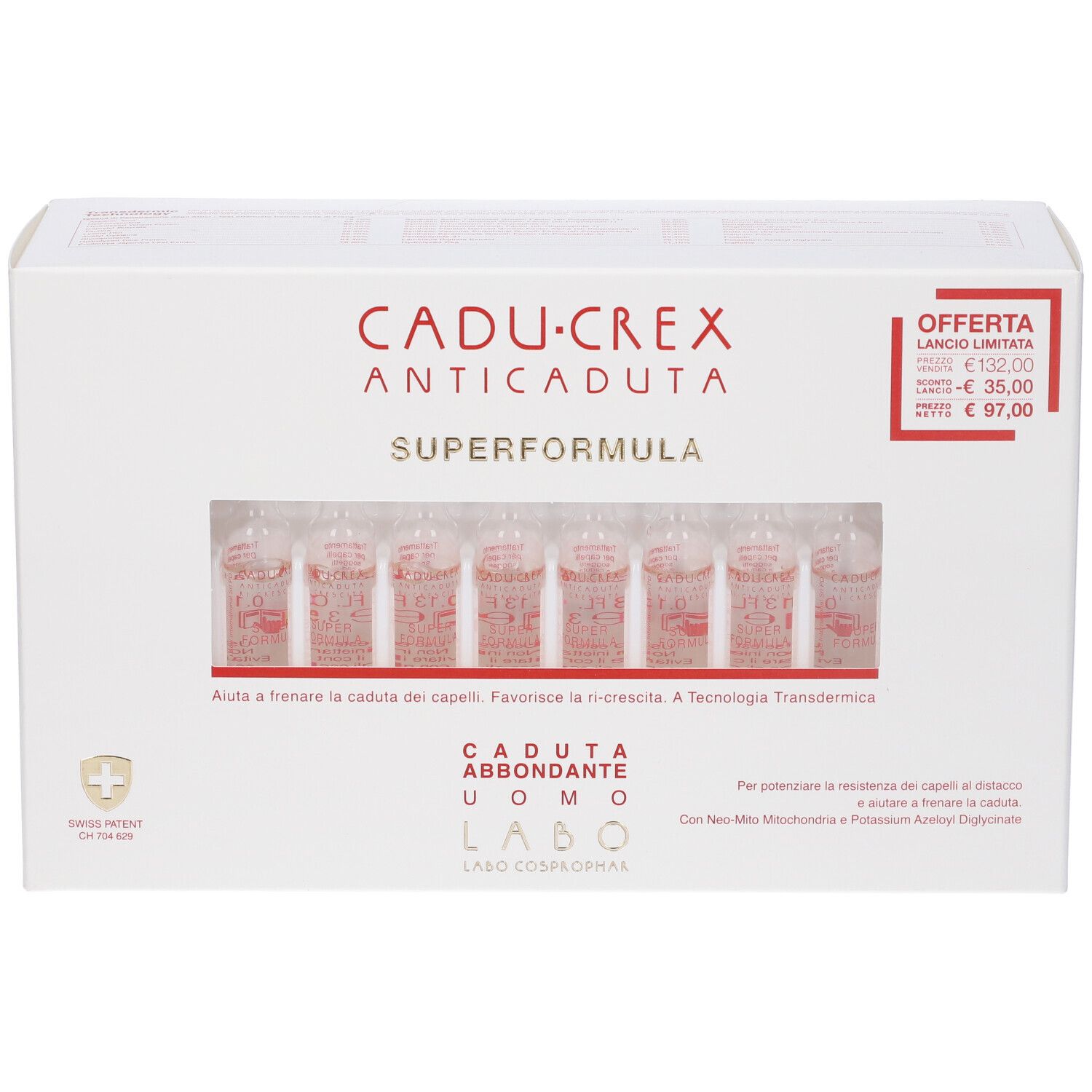 Scatola bianca con nome prodotto e fiale. Finestra mostra fiale. Testo: CADU-CREX ANTICADUTA SUPERFORMULA. Caduta abbondante uomo.