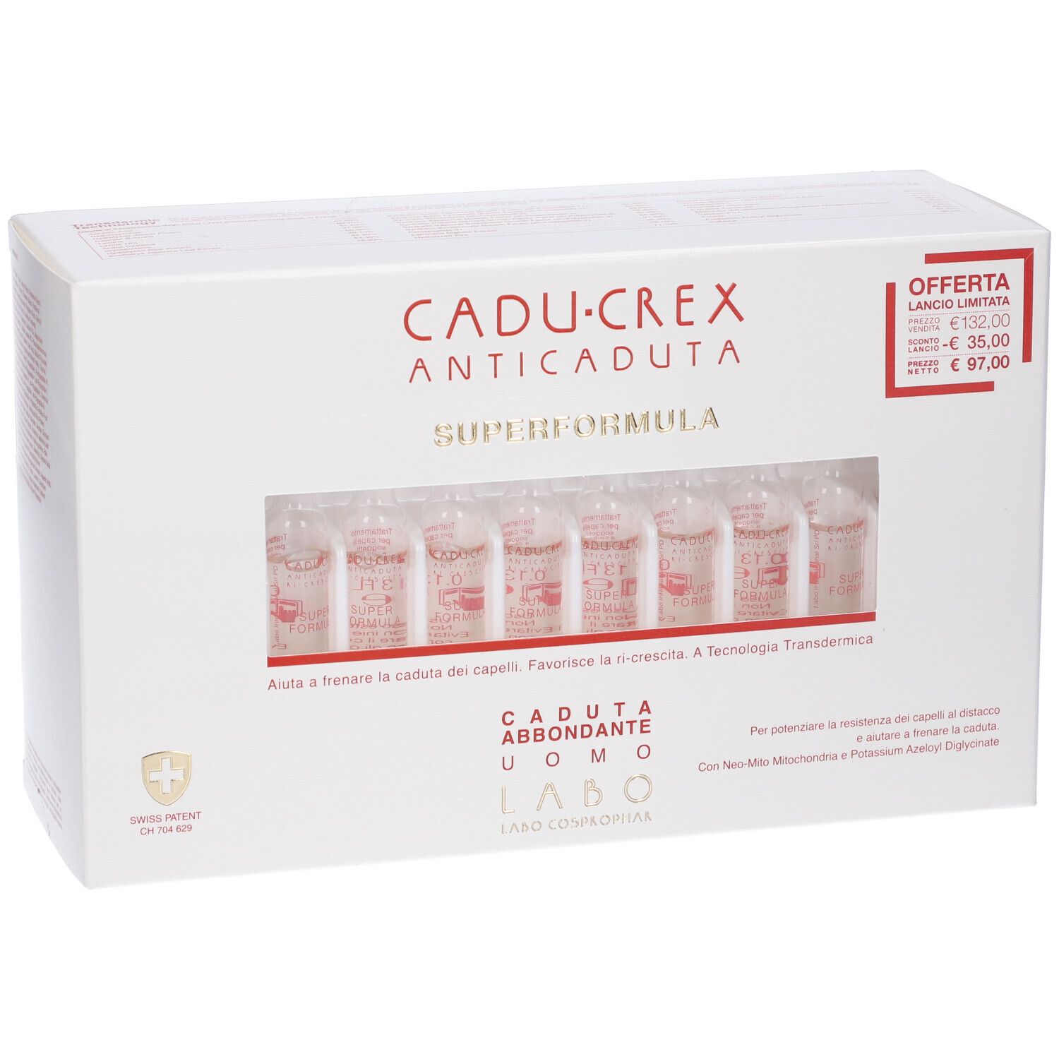 Scatola bianca con nome prodotto e fiale. Finestra mostra fiale. Testo: CADU-CREX ANTICADUTA SUPERFORMULA. Caduta abbondante uomo.