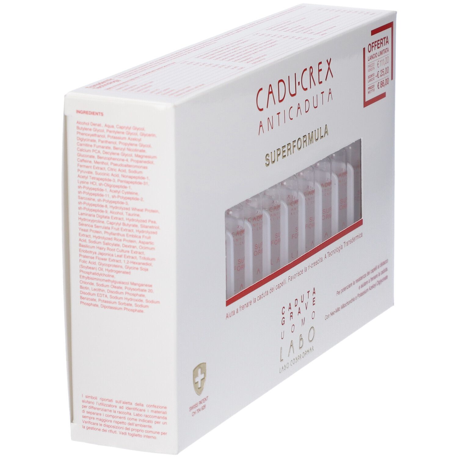 Scatola bianca con nome prodotto e ingredienti. Vista obliqua. Croce svizzera.