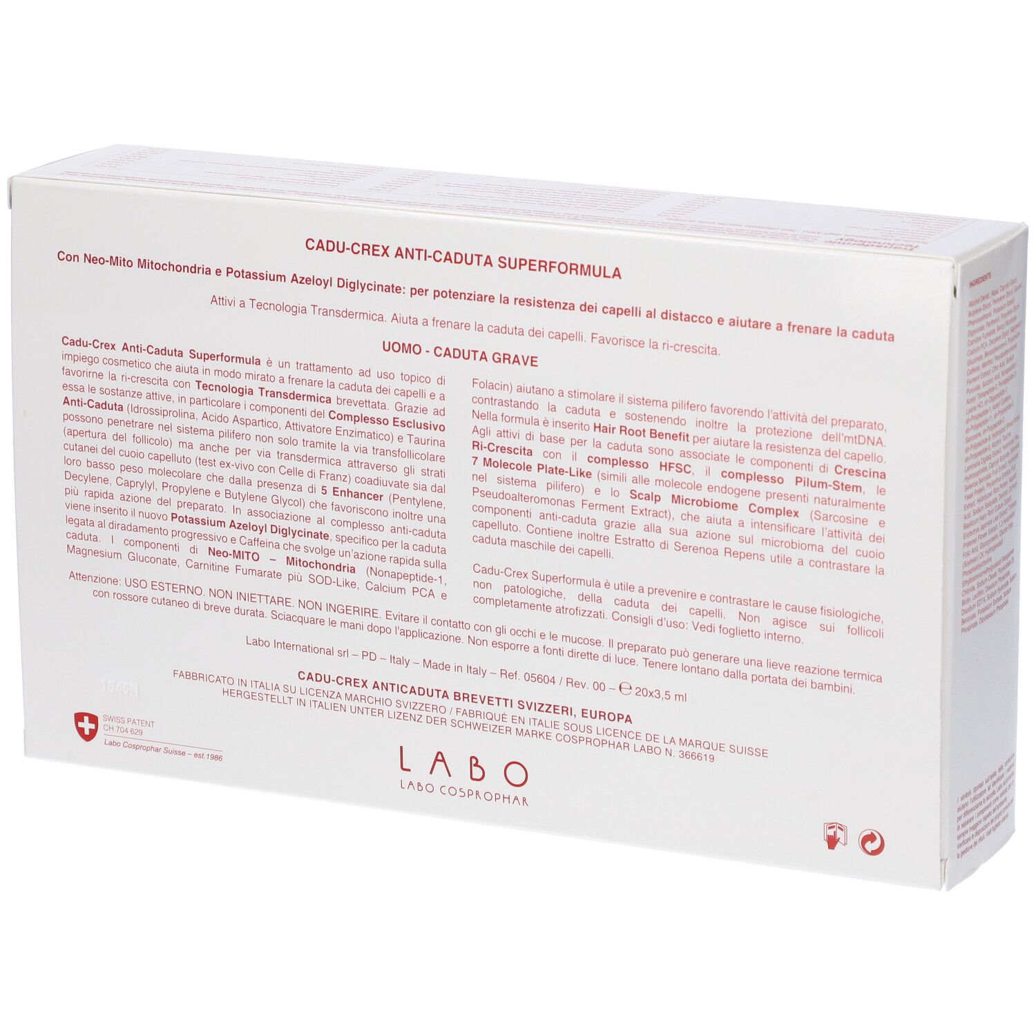 Scatola bianca con informazioni prodotto. Retro. Croce svizzera. Testo.